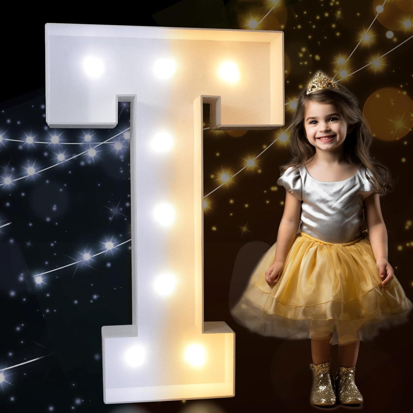 Pooqla 3FT Marquee Light Up Letters, Large Mosaic LED Marquee Letter 3 Feet Birthday Decor, Giant Light Up Letters for Balloons Anniversary Party Decoration, Cool White and Warm White T