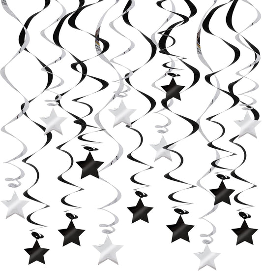 BEISHIDA Black Silver Stars Hanging Swirls Bachelorette Graduation Hanging Ornament Decorations for Birthday Party Supplies Congrats Grade 2025 Graduation Decorations,Pack of 15