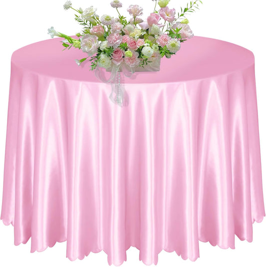 KKJIAF 1 Pack 108 Inch Round Table Cloth, Light Pink Overlay Round Satin Table Cover, Silky Satin Dining Tablecloths for Wedding Buffet Parties Banquet Decoration