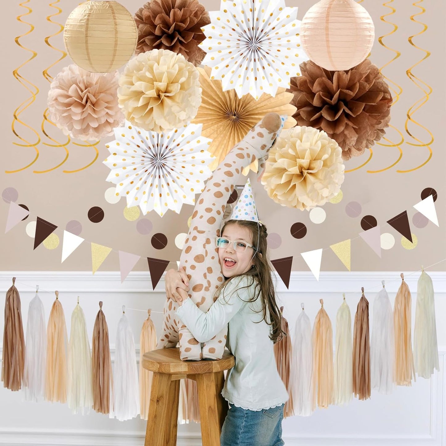 Boho Baby-Shower White-Brown Champagne Fall Party-Decorations - 33pcs Banner,Streamers Tassel Garland,Tissue Pom Poms Honeycomb,Paper Lantern Fan,Autumn,Bridal,Christmas,Birthday,Wedding Decor Hugtmr