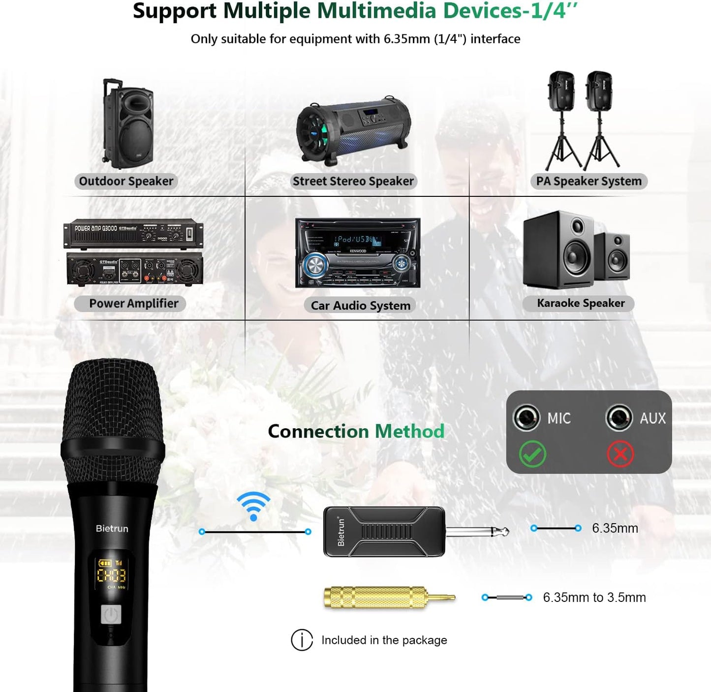 Bietrun Wireless Microphone Dynamic Mic System with Rechargeable Receiver, 1/4" Output, for Karaoke, Church, Speech, Wedding, Party Singing(160 ft Range)-Auto Connect