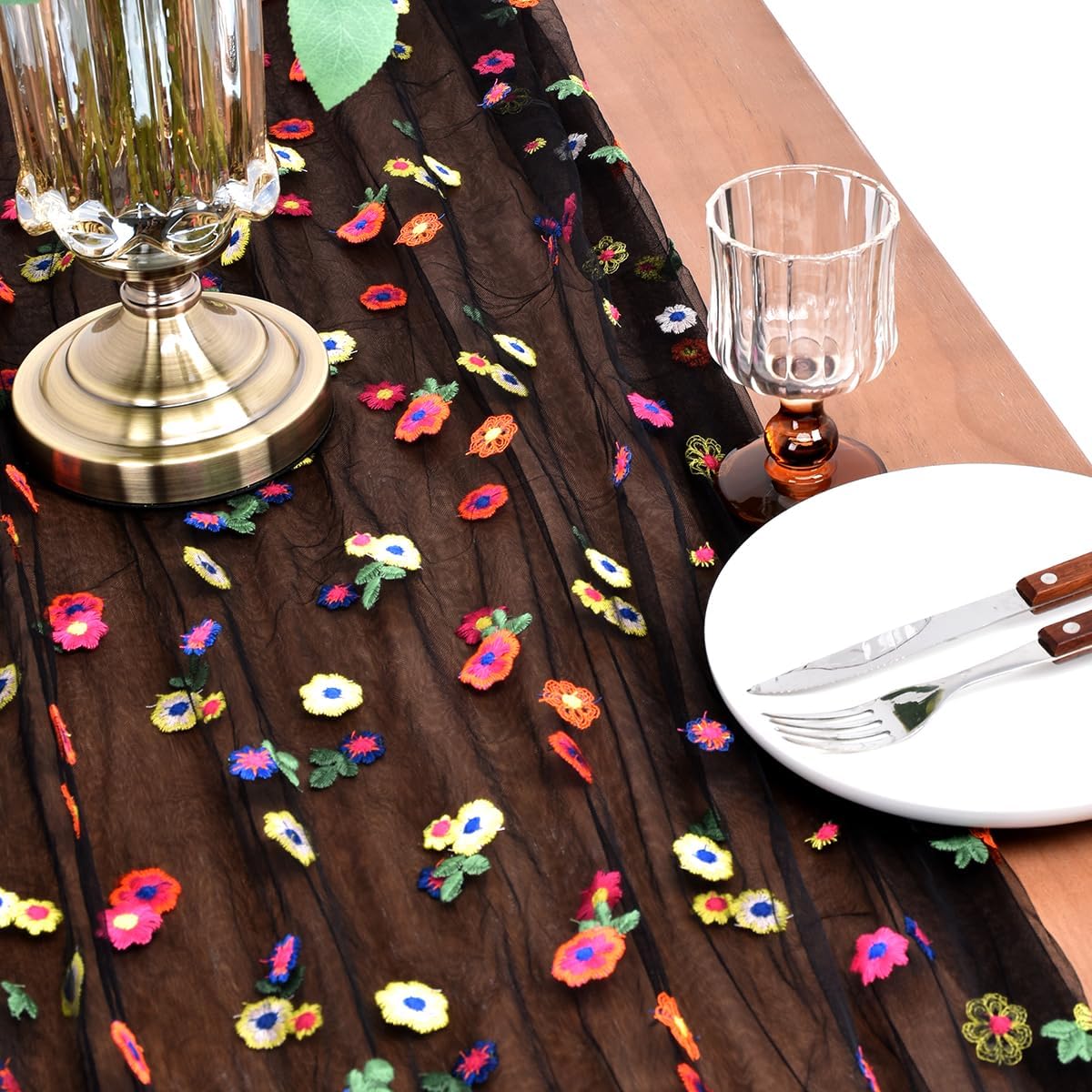 Joanlody Black Embroidery Daisy Fall Thanksgiving Table Runner 10ft Florals Seasonal Tulle Table Runner Holiday Kitchen Dining Table Decoration for Home Party Indoor