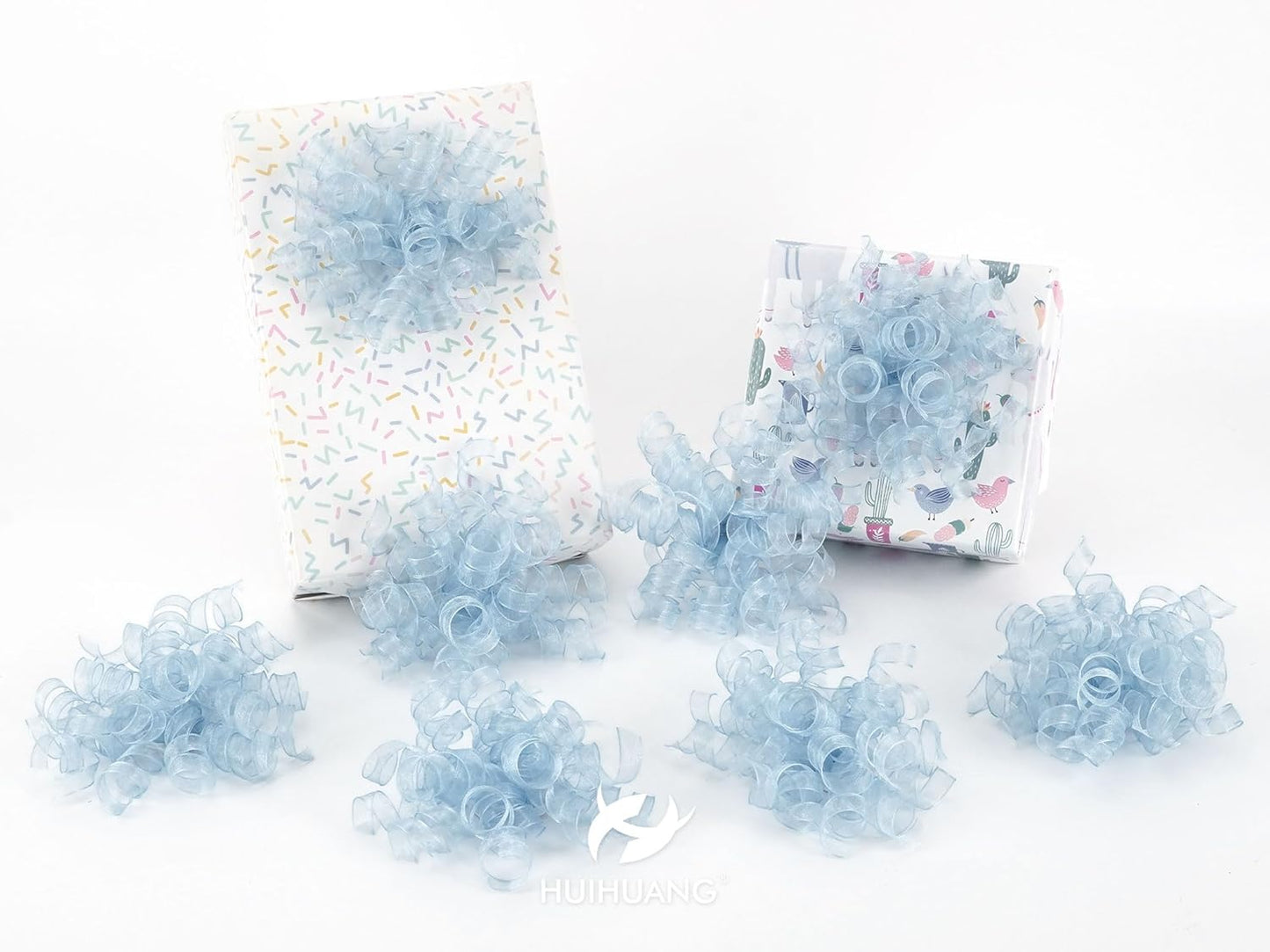 HUIHUANG Blue Bows for Gift Wrapping Burst Curly Gift Bows 5 inch x 8 Counts Self-Adhesive Curly Ribbon Bow for Presents, Treat Bags, Baby Shower Favors, Wrapping Accessories, Party Decor