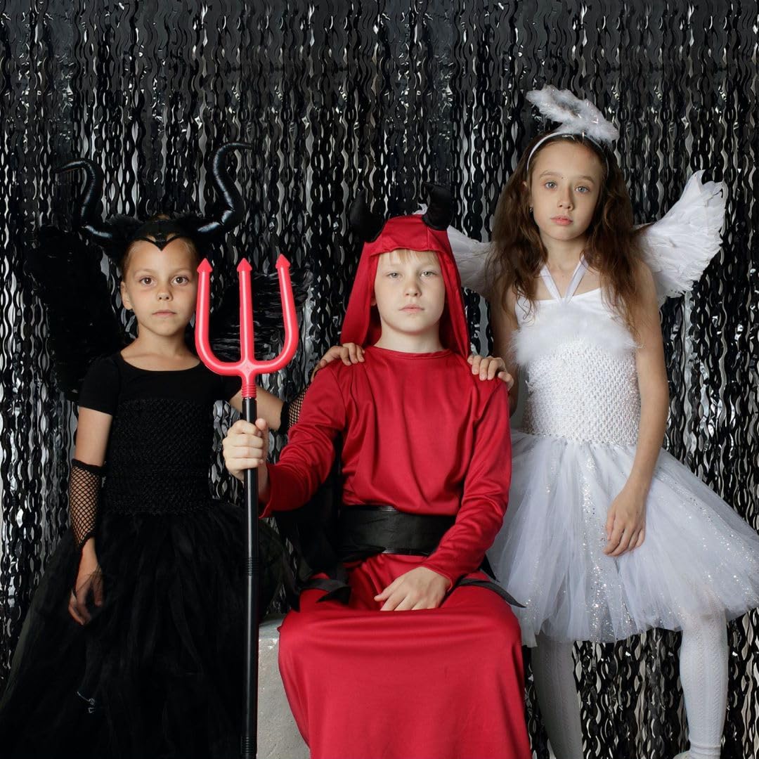 Black Fringe Curtain Party Streamers 5Pcs Foil Fringe Backdrop Curtains Wave Tinsel Streamers Black Party Decorations Door Streamers for Birthday Wedding Bridal Shower Halloween Decor