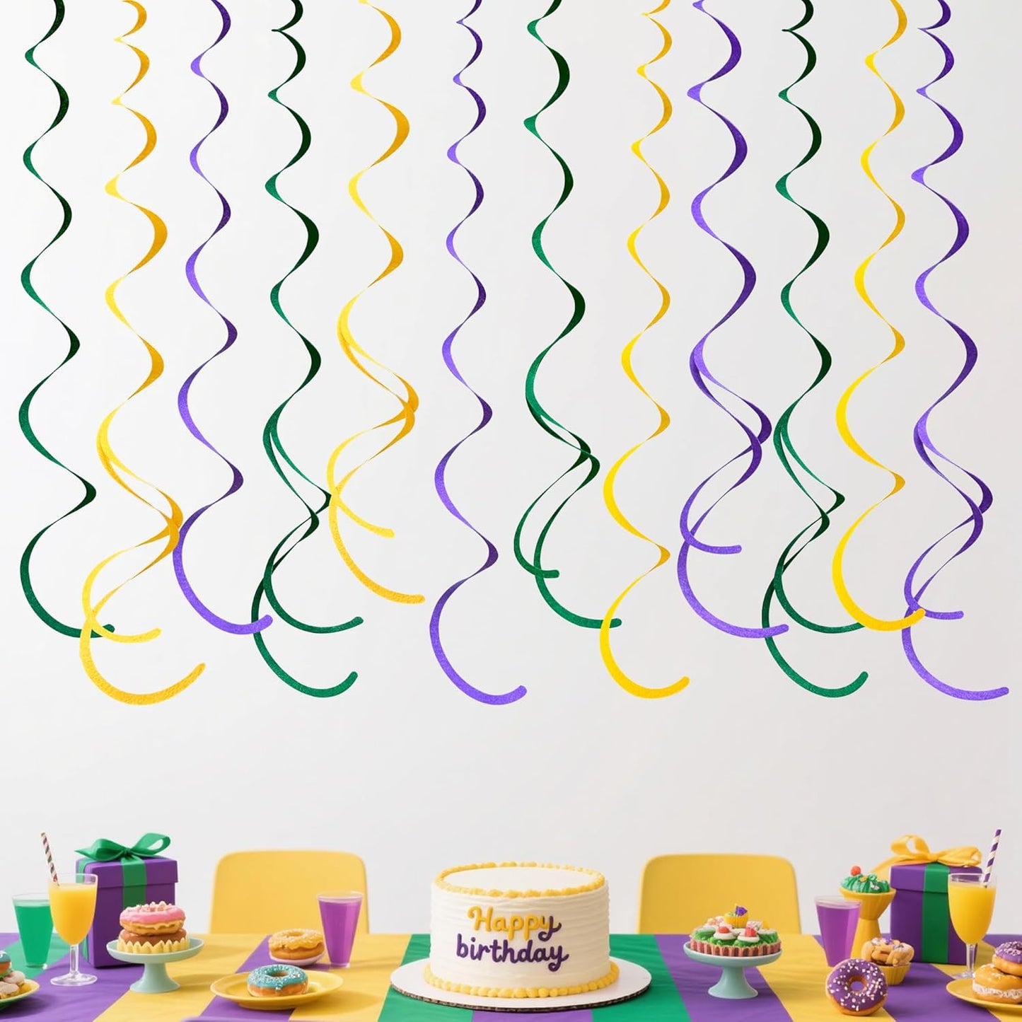 36 Pcs Green Yellow Purple Hanging Swirl Decorations Felt Swirl Streamer Spiral Ceiling Garland Banner for Mardi Gras Masquerade Theme Birthday Baby Shower Wedding Engagement Party Decor Supplies