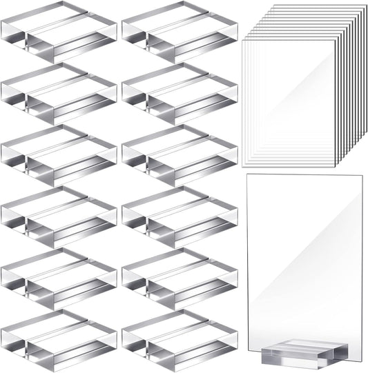 Yulejo 12 Pcs Clear Acrylic Place Cards with 12 Acrylic Holder Wedding Table Numbers with Acrylic Stand DIY Table Name Cards Plates for Wedding Reception Banquet Decors (4 x 6 x 0.08 Inch)