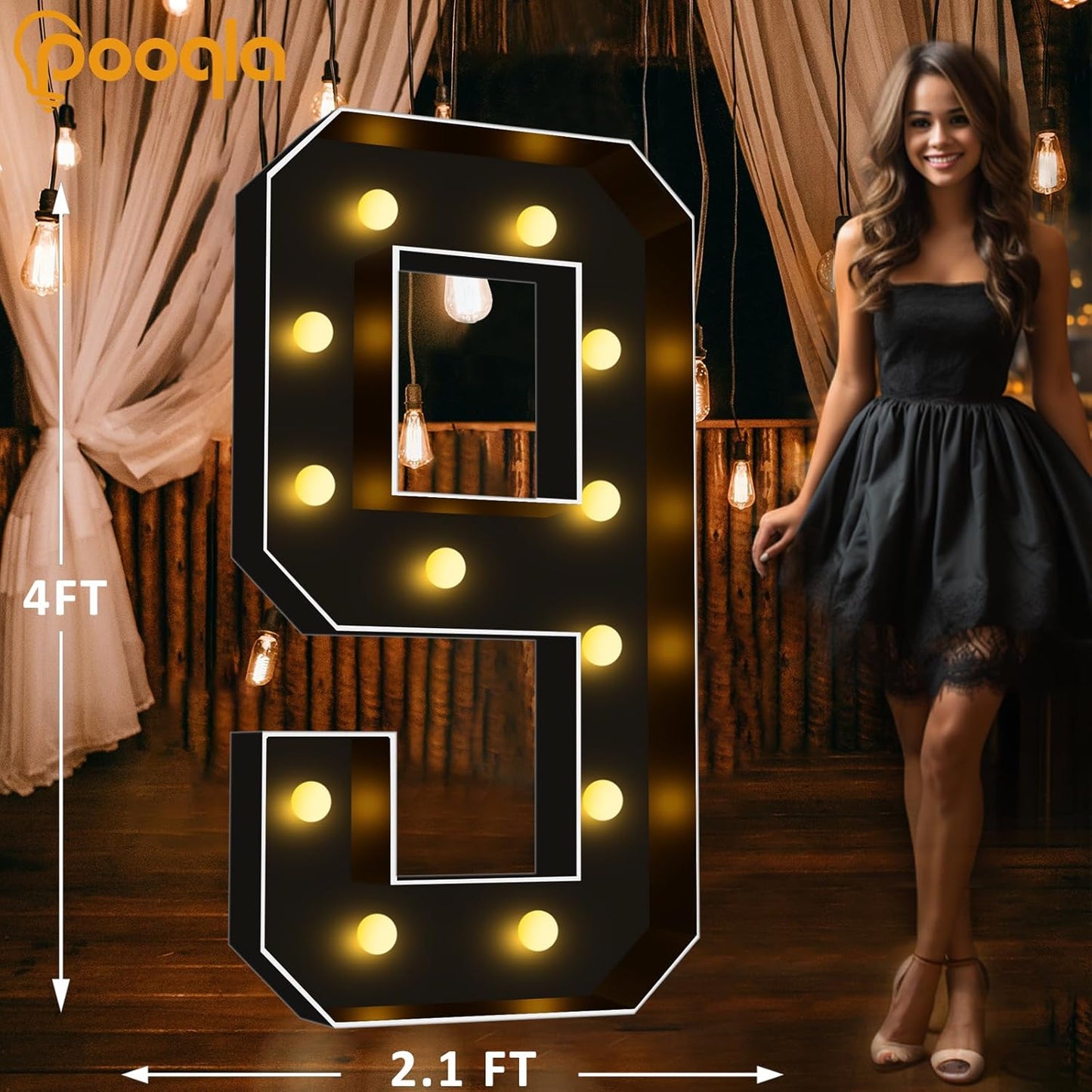 Pooqla 4 FT Light Up Marquee Numbers, Black Marquee Number Lights 4 Feet Tall for 9th 19th 90th Birthday, Giant Letter Big Mosaic Numbers for Balloons Party Anniversary Wedding Decorations, Number 9