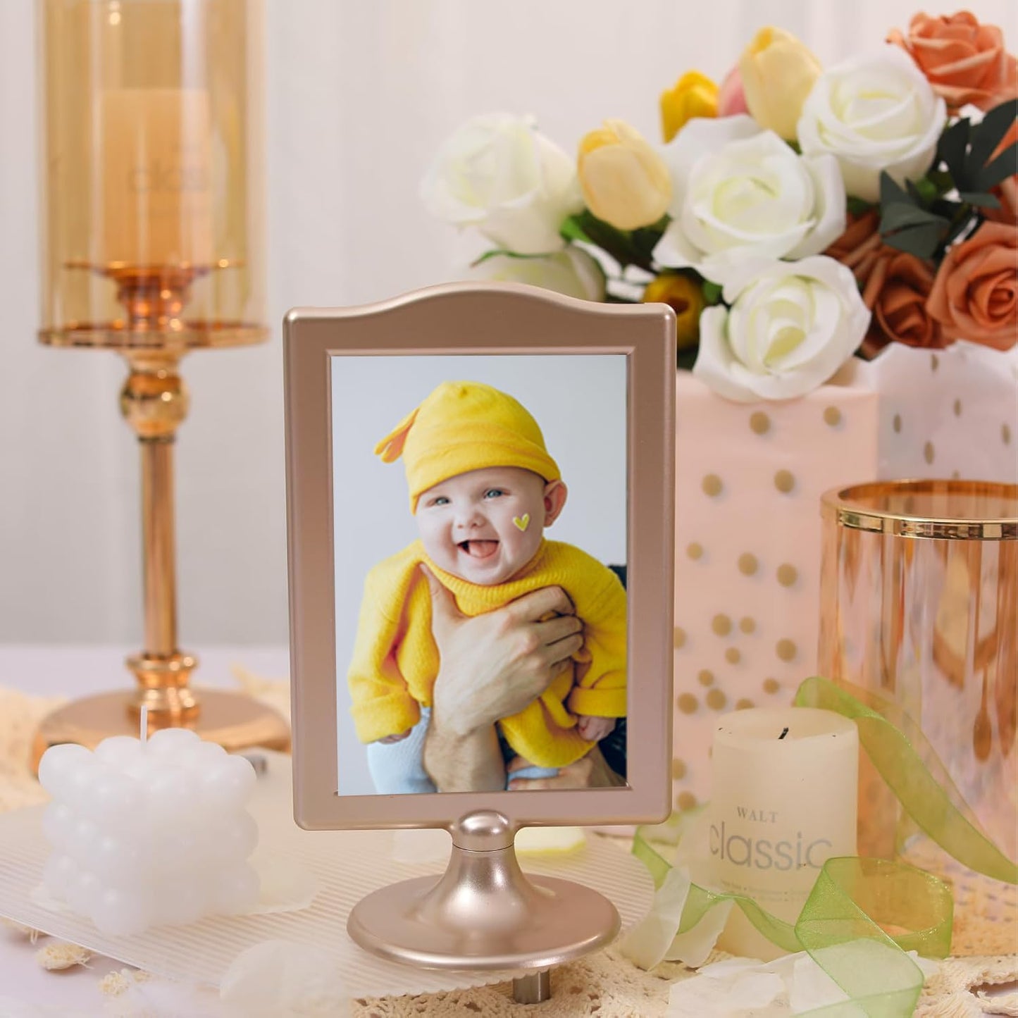 NahNah Double Sided Standing Picture Frames - (Gold, 4 Count) 4x6 Inch, Plastic Pedestal Photo Frame with Inserts and Base - 2 Sided Tabletop Vertical Display Frame for Wedding Table Bridal