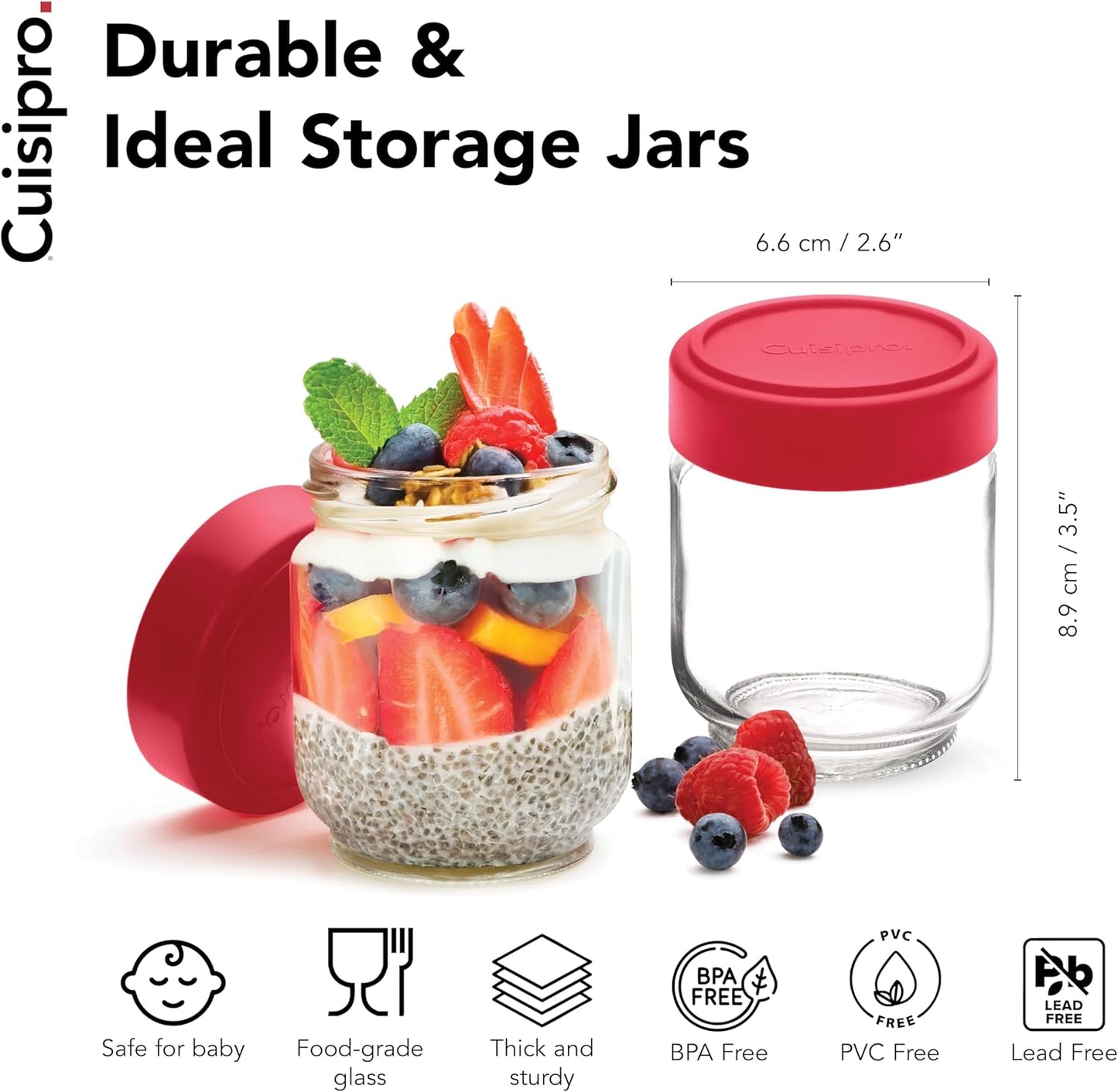 Cuisipro Jars with Lids, 6 Oz Glass Jars with Airtight Lid Wide Mouth, 4 Pack, Canning Jars for Liquid, Glass Container for Yogurt, Spice, Red