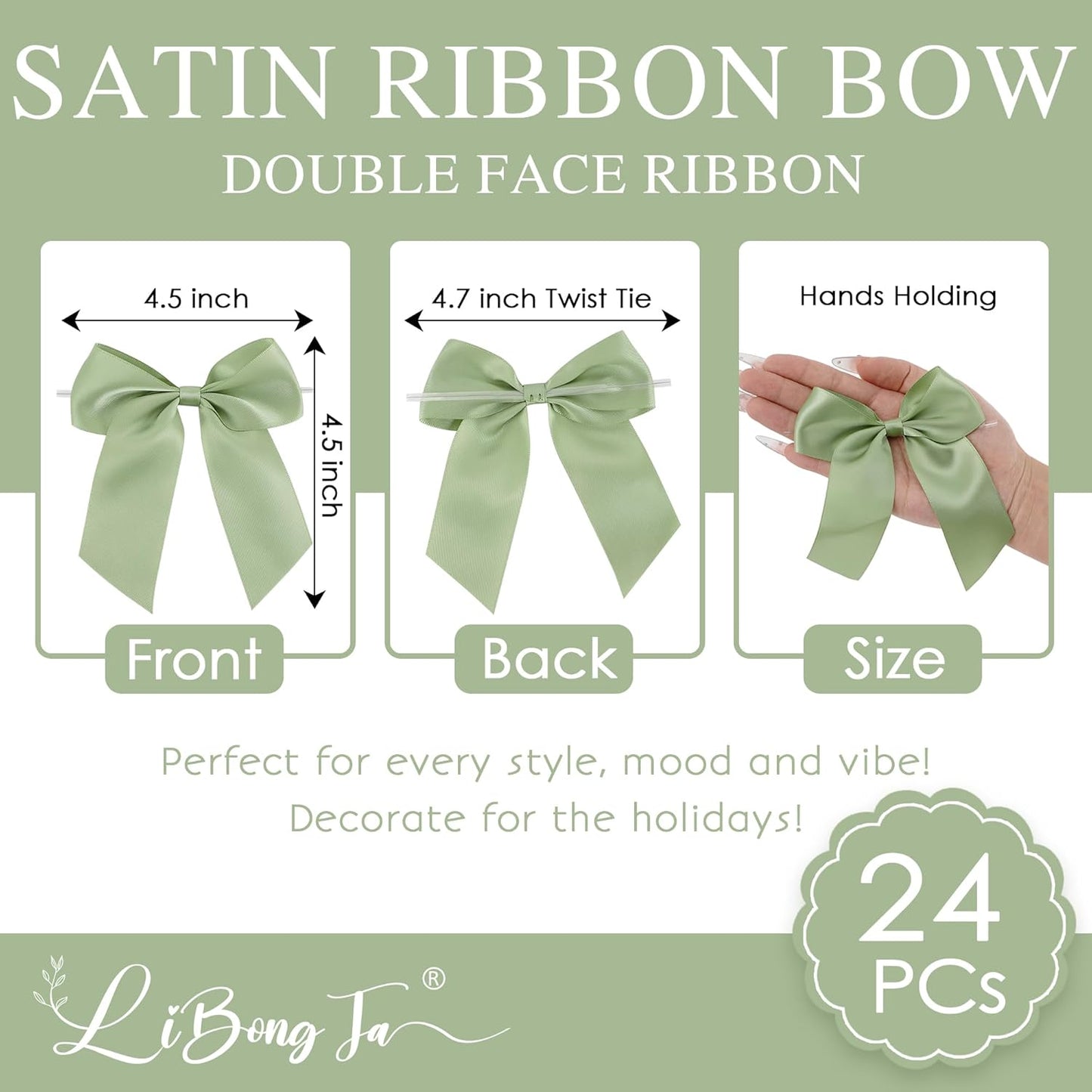 4.5" Satin Ribbon Sage Green Bows for Gift Wrapping, Twist Tie Bows, Cute Bows for Crafts, Party Favors, Premade Bows Pre-Tied Decorative Bows for Flower Bouquets Candy Apple Bows-24 Counts