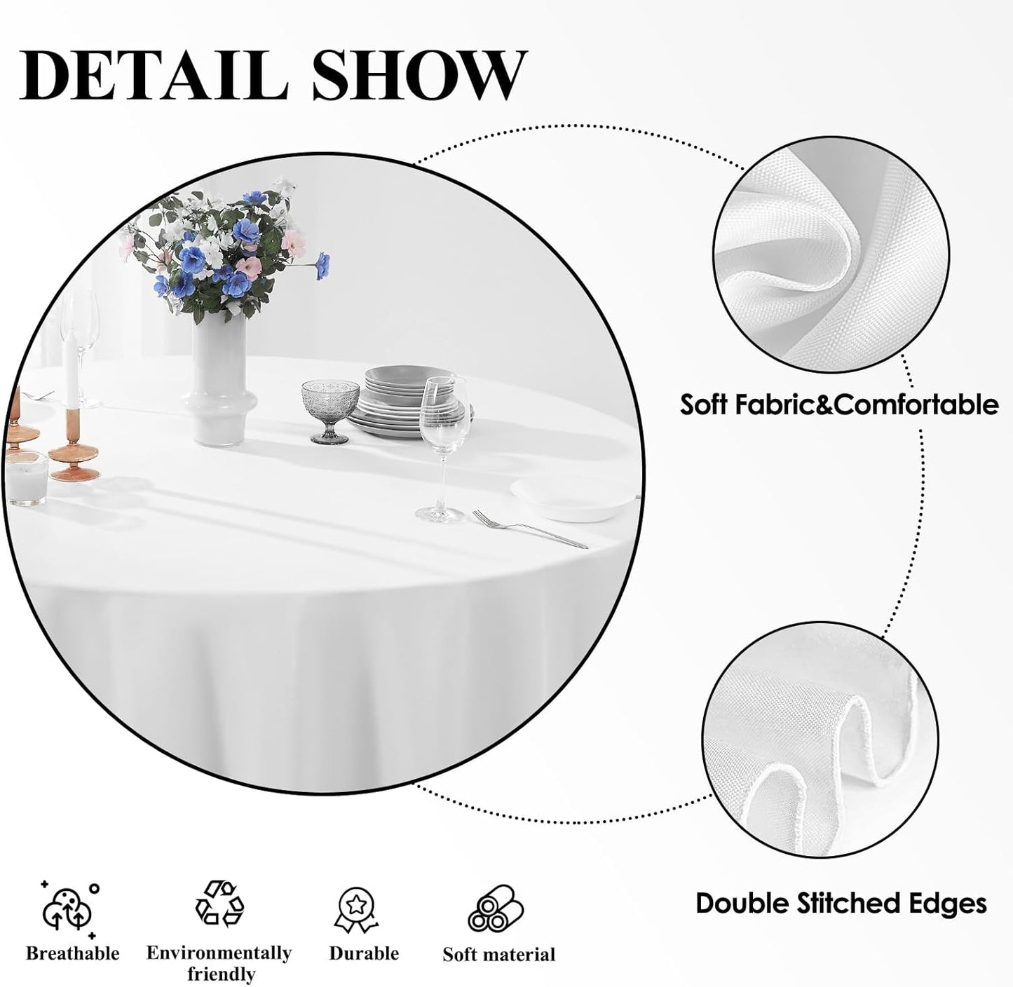Round Tablecloth 132 Inch 6 Pack White Tablecloths Washable Decorative Linen Polyester Table Clothes Cover for Dining Table Banquets Buffet Parties and Wedding