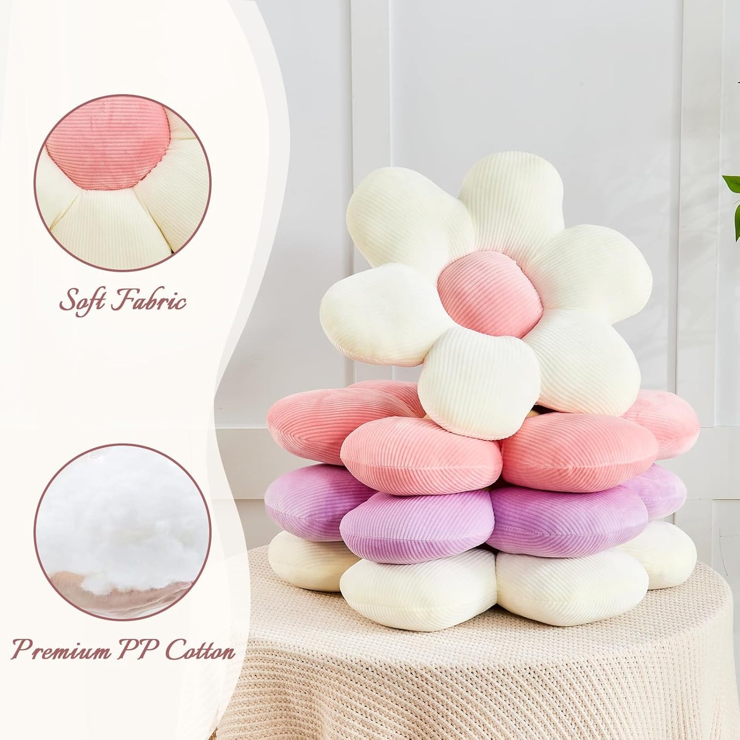 White Yellow Flower Pillow, 14.9" Cute Flower Shaped Floor Pillow, Aesthetic Floral Plush Daisy Decorative Throw Pillows for Bed Sofa Couch