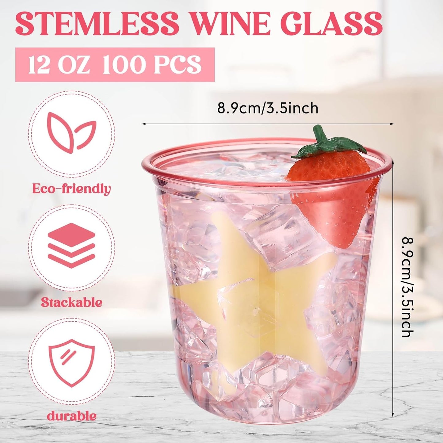 100 Pcs Disposable Stemless Glasses 12oz Crystal Plastic Wine Glasses Clear Classic Pet Cup for Meeting Weddings Birthdays Cocktail Christmas Party Supplies (Pink)