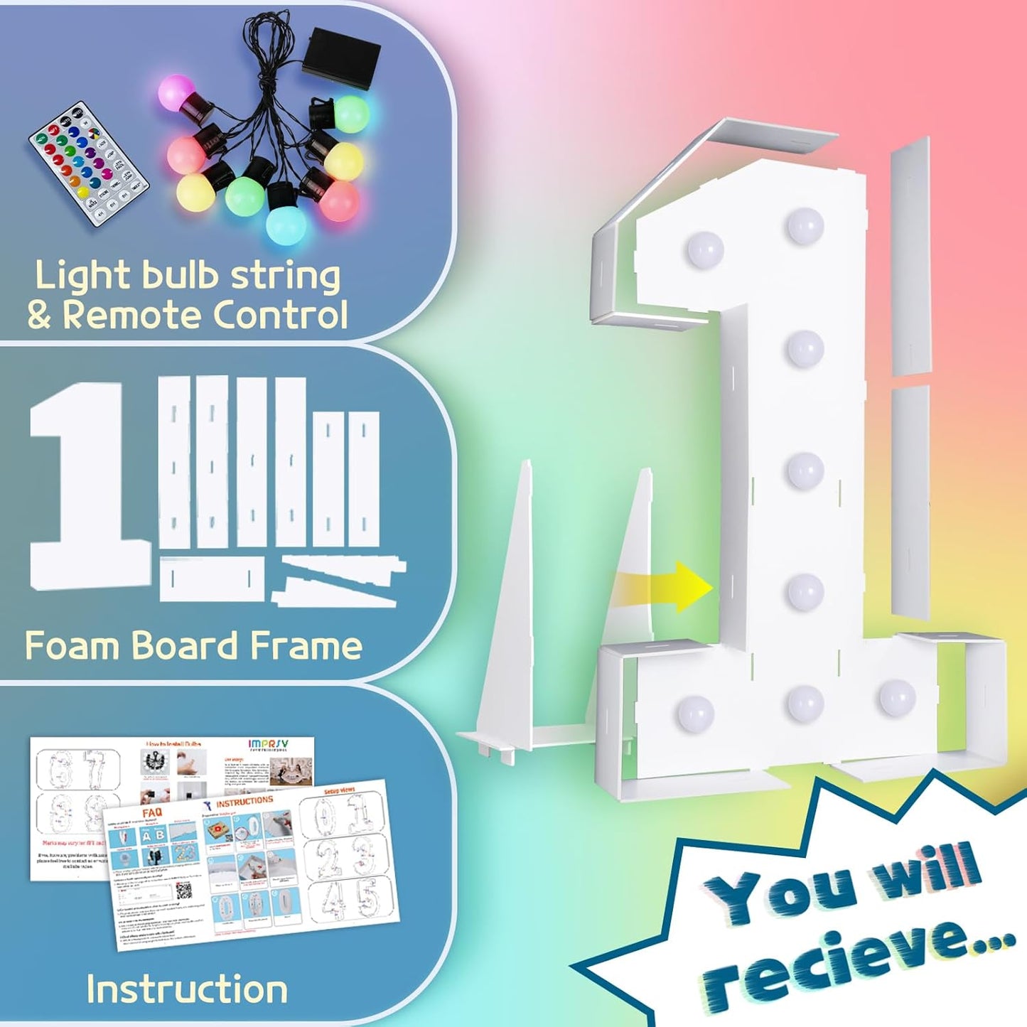 imprsv 3FT Colorful Marquee Numbers,18 Colors Number 1 with Remote, Light Up Numbers Sign for 1st Birthday Decorations Anniversary Party Decor, Pre-Cut Foam Board Kit, Mosaic Sign for Balloon