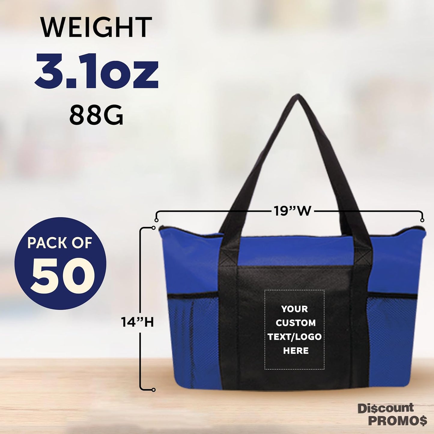 DISCOUNT PROMOS 50 Zippered Non-Woven Tote Bags Set - Customizable Text, Logo - Mesh Pocket, Zippered, Recyclable, Reusable - Blue - 19"X14"X3", with Zipper