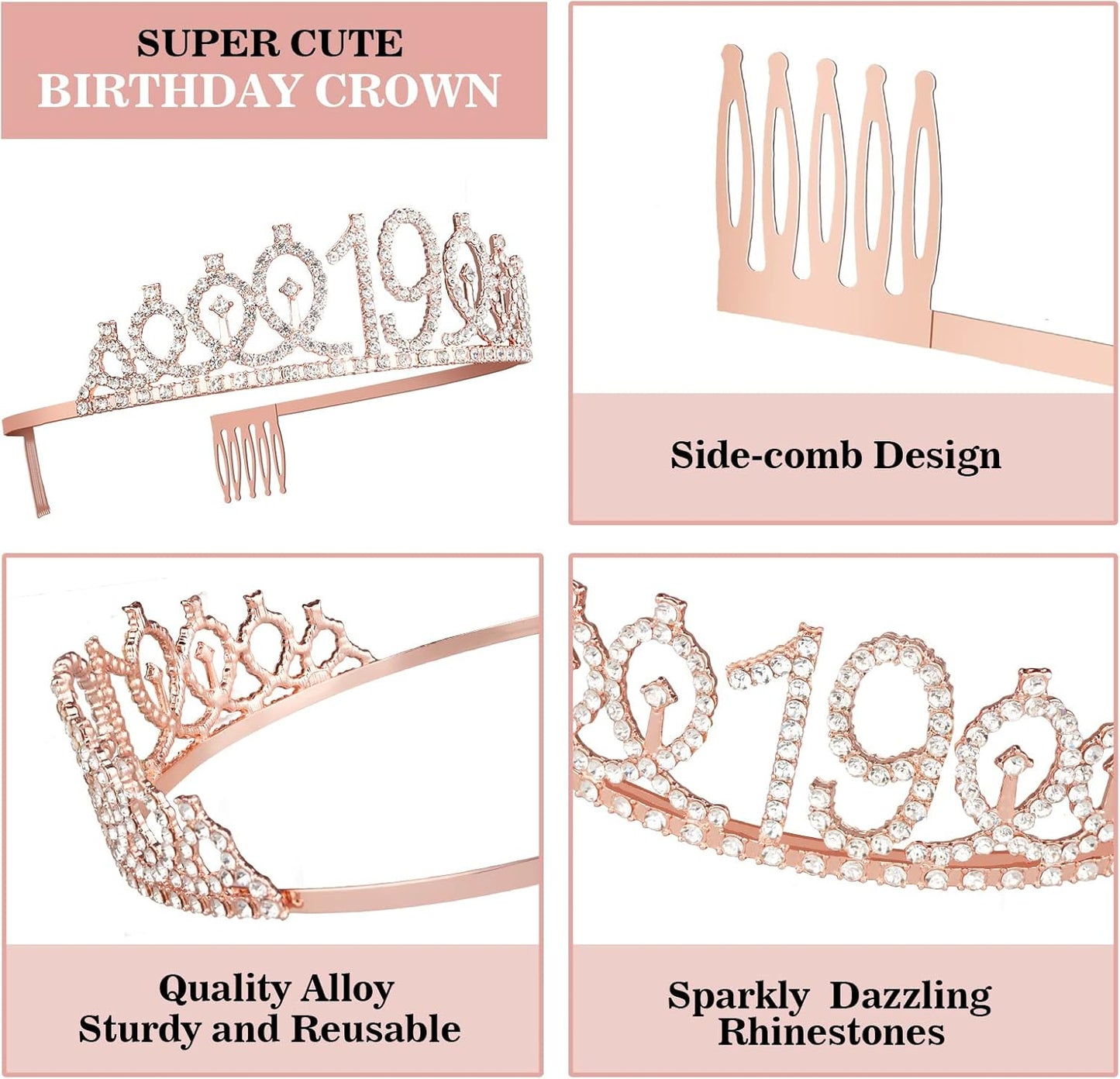 19th Birthday Decorations Including Birthday Sash, Tiara/Crown, Numeral Candles and Cake Topper, 19 Year Old Girl Gifts, Rose Gold Party Decor Supplies
