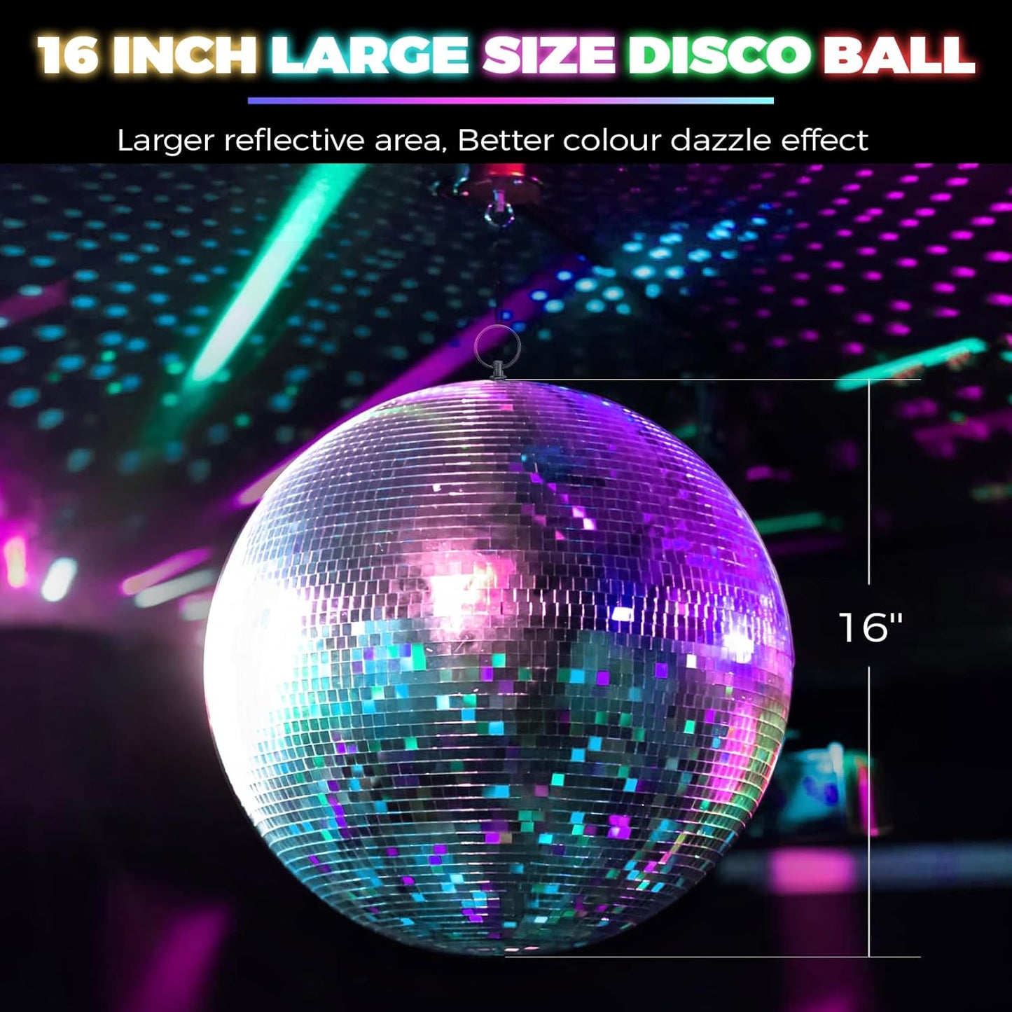 16inch Large Mirror Disco Ball - Hanging Big Disco Ball for Party Decorations, DJ Clubs, Weddings, Bars, Holiday Events, and Stage Decor with 15pcs Replacement Mirrors