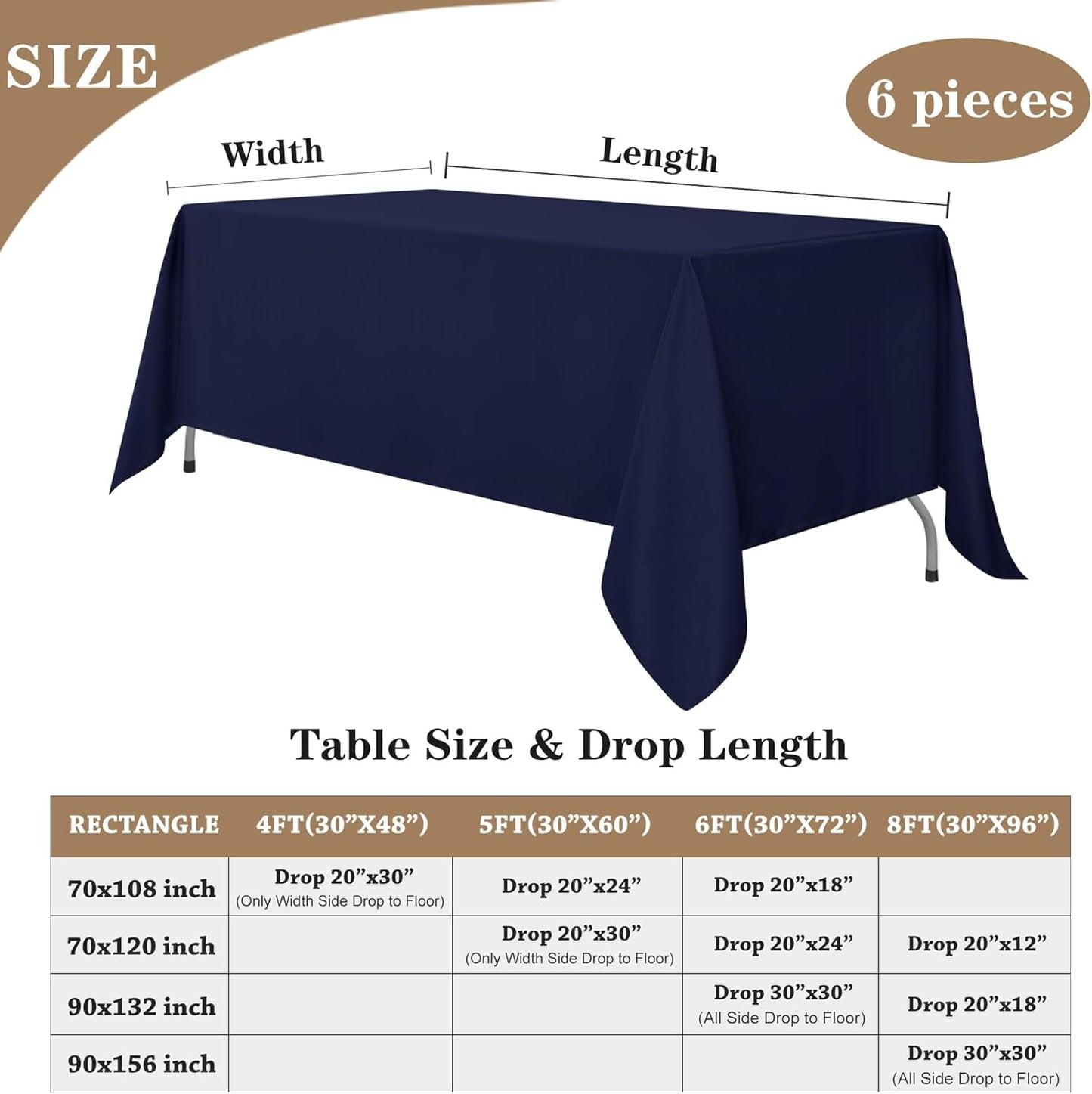 Fitable Elegant Rectangle Table Clothes, 6 Pack - 90 x 132 Inch, Navy - Reusable and Washable Tablecloths, Polyester Fabric Table Covers for Wedding, Party, Banquet, Formal Events