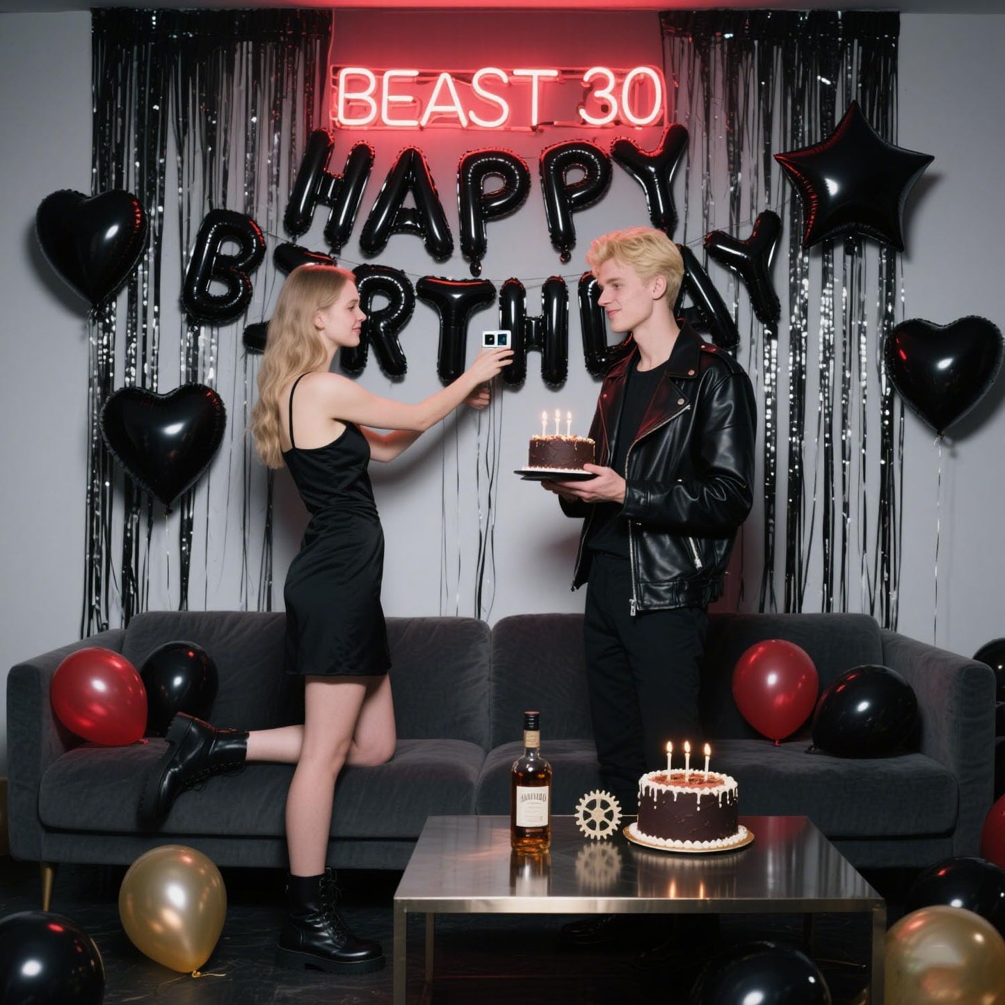 29 Pcs Black Birthday Party Decorations - Happy Birthday Balloons Banner, Heart & Star Foil Balloons, Confetti & Latex Balloons, Foil Fringe Curtains Party Supplies for Men