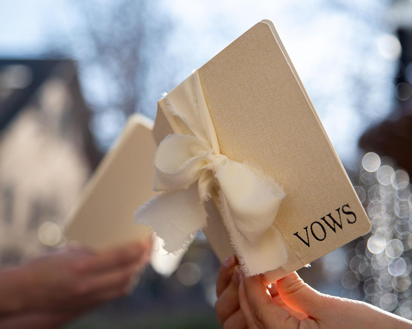 Cream Embossed Slim Vow Books w/Ribbon (Set of 2) - 5.625 x 4 Minimalist Pocket Sized Wedding Ceremony Vow Renewal Speech Notebook Journal
