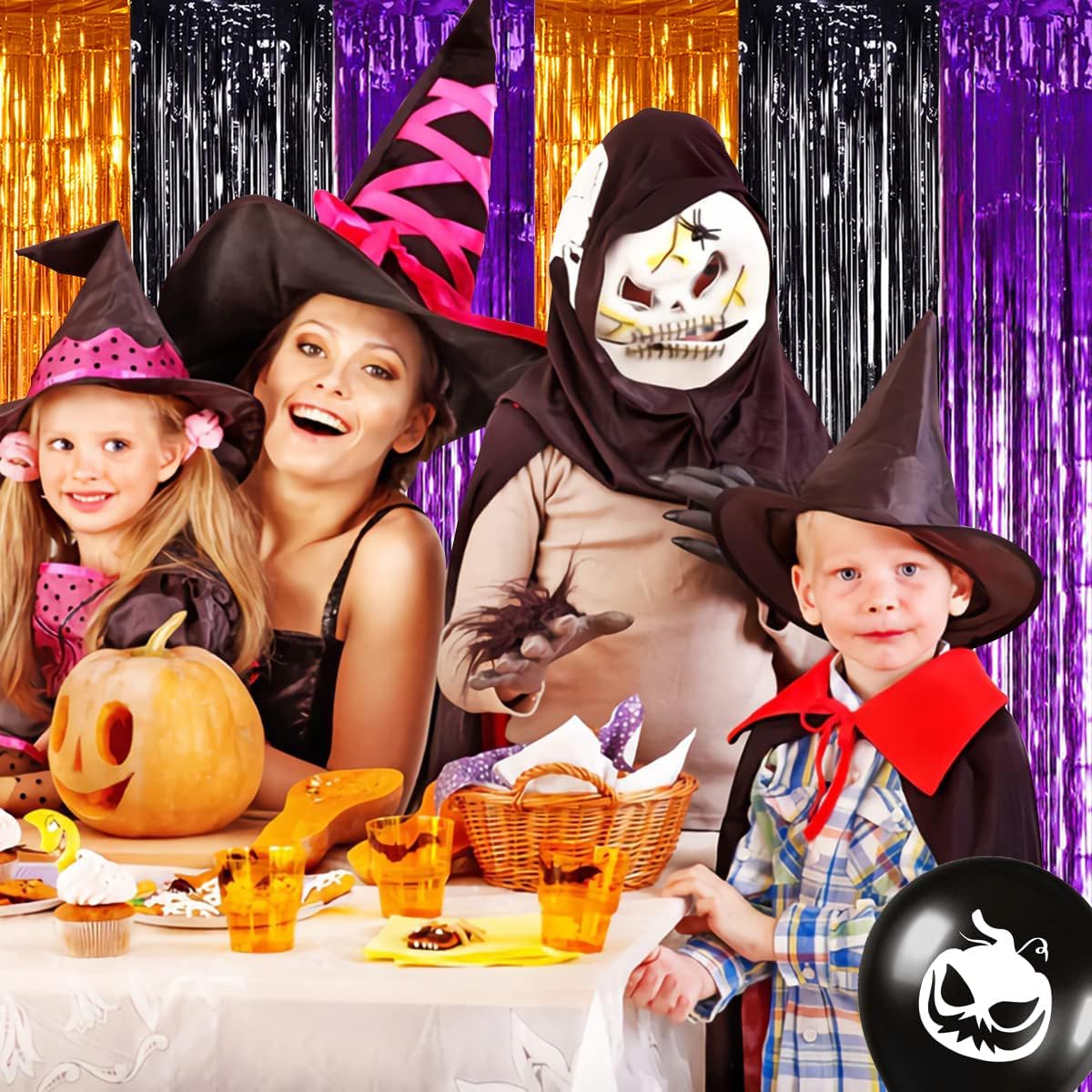 TONIFUL 2Pcs Orange Purple Black Metallic Tinsel Foil Fringe Curtains,3.28ft x 6.56ft Halloween Photo Booth Backdrop Streamer,Photo Props,for Party Door Wall Curtains Wedding Birthday(9.9ft x 6.6ft)