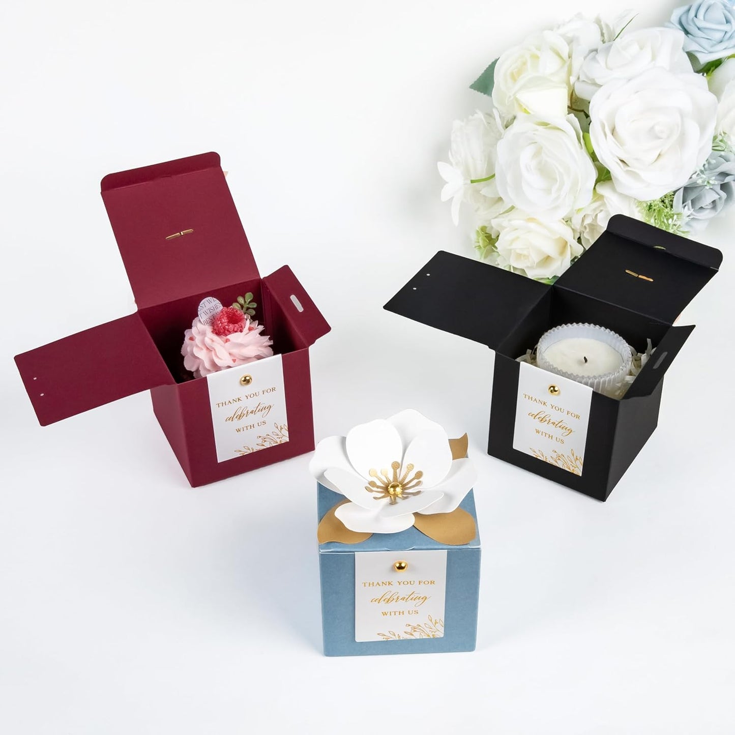 FEIYI 20 PCS Burgundy Gift Boxes, 3 In 1 Favor Boxes with Floral Decor, White Thank You Tags Cupcake Containers Gift wrapping for Wedding, Baby Shower, Birthday, Decorations Party - 3.55x3.55x3.55