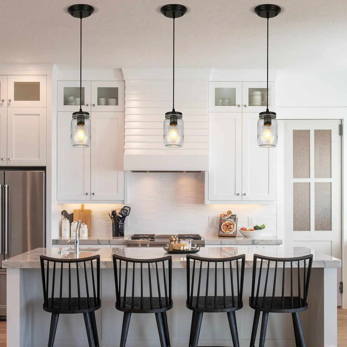 Glass Pendant Lights Kitchen Island, 1-Light Black Pendant Light Fixtures with Mason Jar Clear Glass Shade, Farmhouse Hanging Light for Kitchen Sink Dining Room Bedroom Hallway