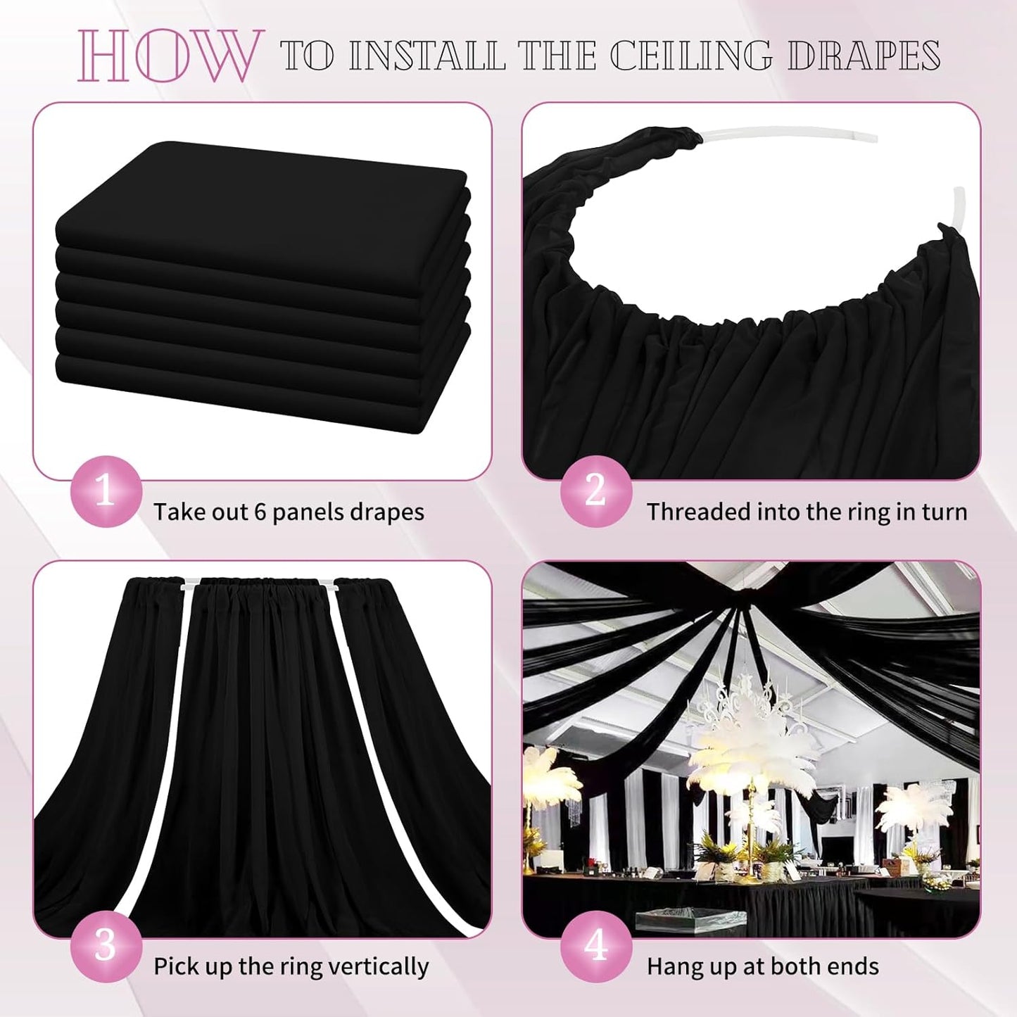 6 Panels Black Ceiling Drapes for Wedding 5ftx30ft Chiffon Fabric Arch Draping Curtains Sheer Drapery for Party Ceremony Birthday Baby Shower Reception Stage Swag Ceiling Decorations