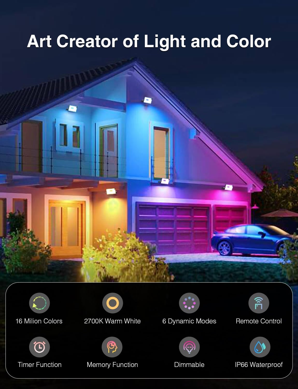 Onforu 25W RGB LED Flood Light Outdoor, 2000LM Color Changing Uplights with Remote, 2700K Warm White IP66 Stage Lights, Landscape Spotlights Indoor, Halloween Outdoor Uplighting for Events 6 Pack