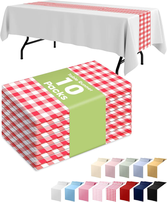 Pureegg Gingham Plastic Table Runners - 10 Pack, 14'' x 108'', Water Resistant & Disposable Plaid Centerpiece Decorations for Table Cloth, Birthday, Holiday, Party, Red and White Checkered Home Decor