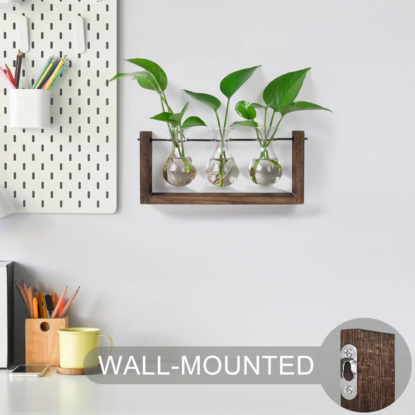 YIBOT Wall Hanging Planter Propagation Station, Plant Terrarium with Wooden Stand, Hydroponics Plants Home Office Living Room Decor Gift-3 Bulb Glass Vases