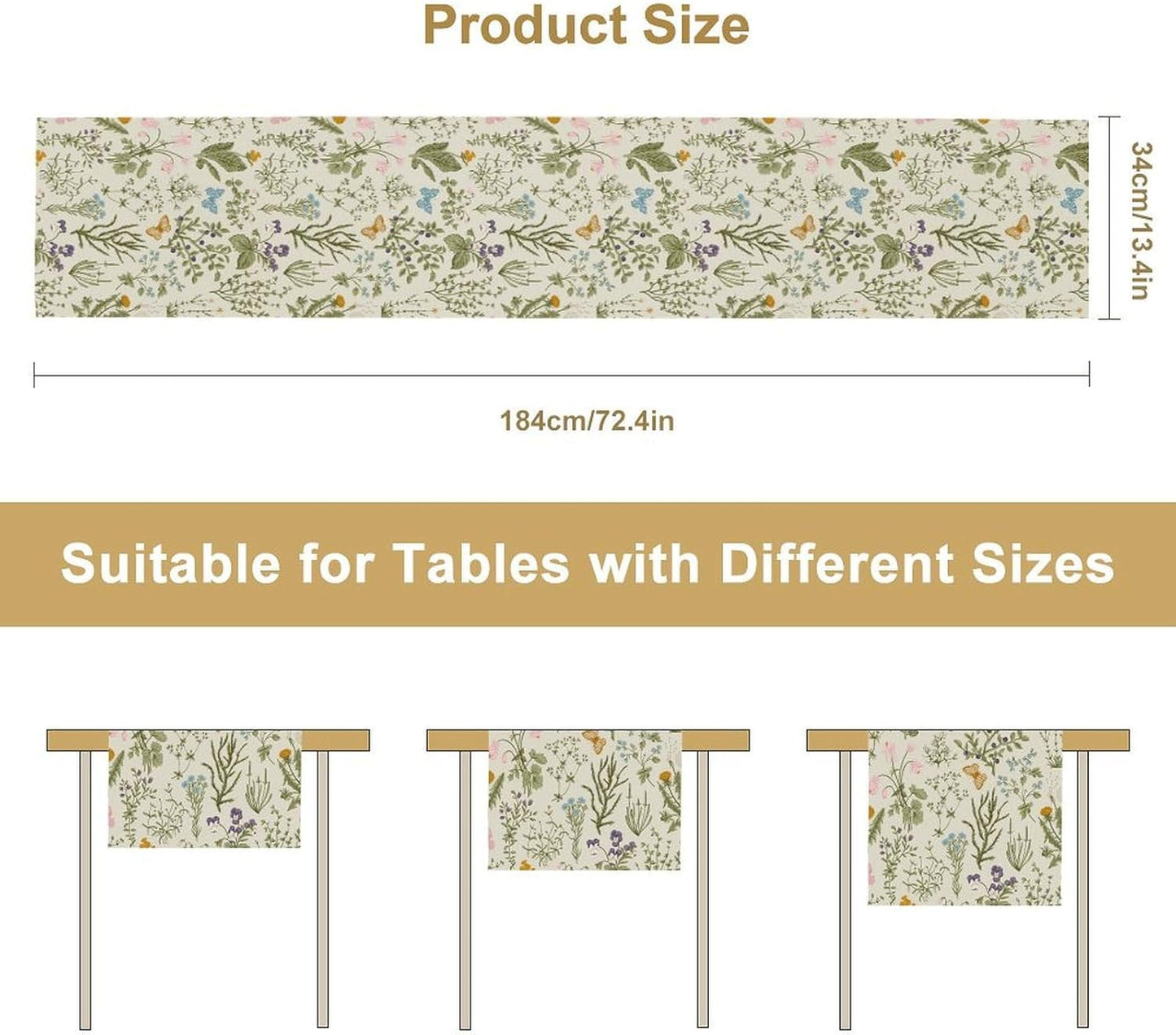 Wildflowers Floral Table Runner, Retro Flower Butterfly Seasonal Spring Summer Kitchen Dinning Table Runner for Indoor Outdoor Home Wedding Party Holiday, 13x60 Inch
