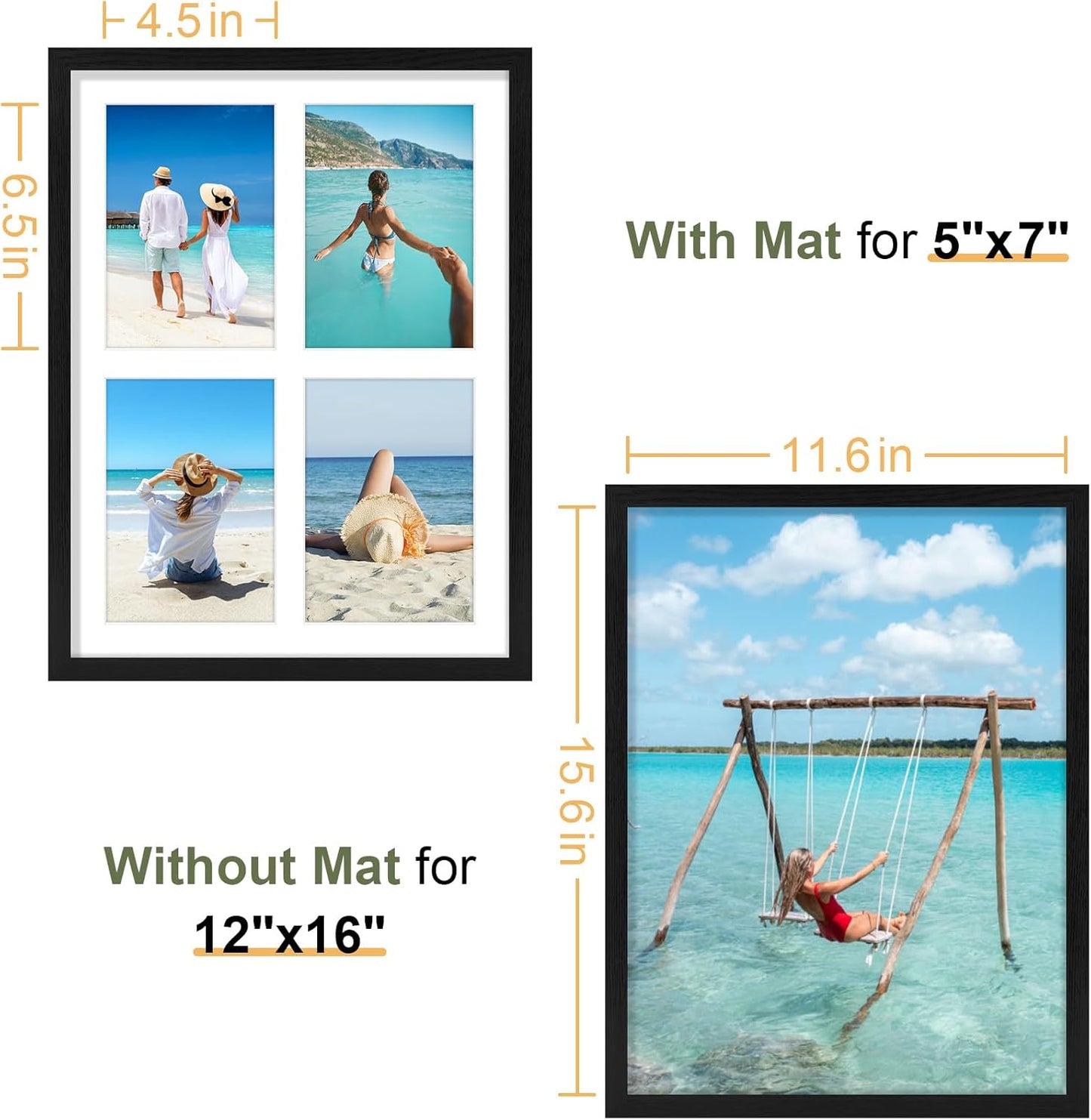 Vittanly 12x16 Collage Picture Frame, Displays 4Pcs 5x7 Pictures with Mat, Picture Frames Collage Wall Decor for Horizontal or Vertical Display, Black, 1 Pack