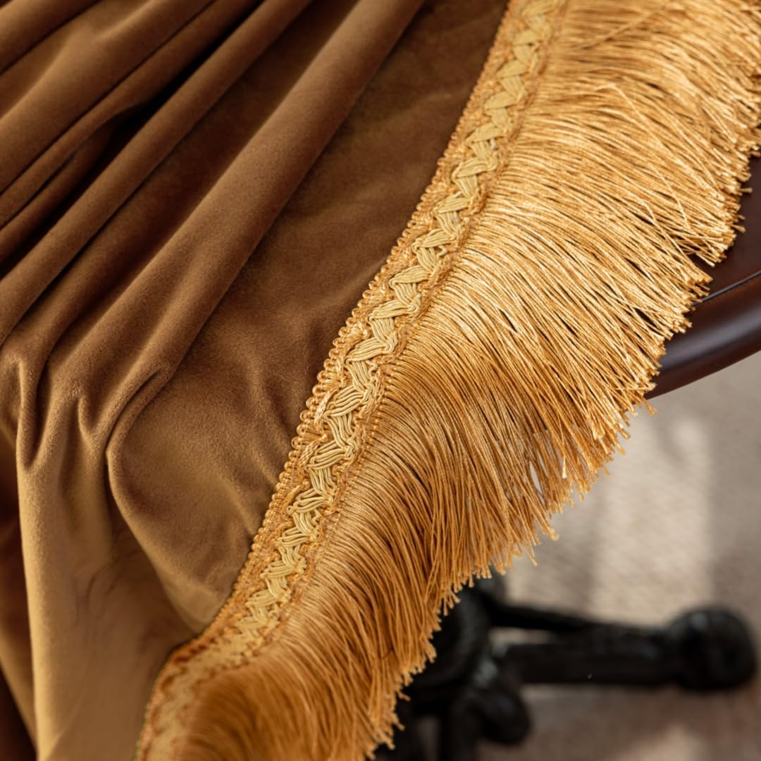 F-CHU Luxury Camel Tablecloth Thickset Velvet Tablecloth with Beautiful Gold Tassels Vintage Table Cloth for Home Decor Wedding, Party, Banquet and Events 60x102-Inch