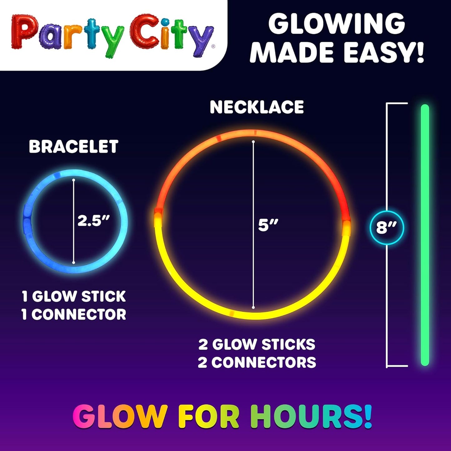 Party City 200 Glow Sticks Bulk Party Pack 8”– Neon Glow in the Dark Party Supplies, Glowsticks with Connectors Bracelets & Necklaces, Light Up Favors for Kids, Adults, Birthdays, Parties, Decorations