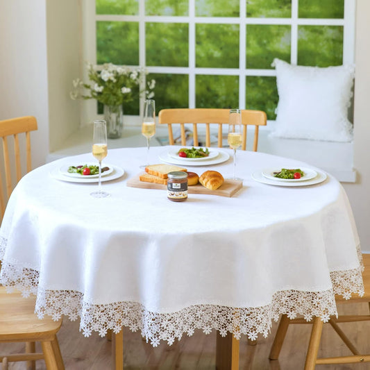 White lace Premium Round Farmhouse Tablecloth Waterproof OilProof SpillProof AntiShrink Soft Wrinkle Resistant Decorative Fabric Table Cover Kitchen Dinning Party Wedding Banquet