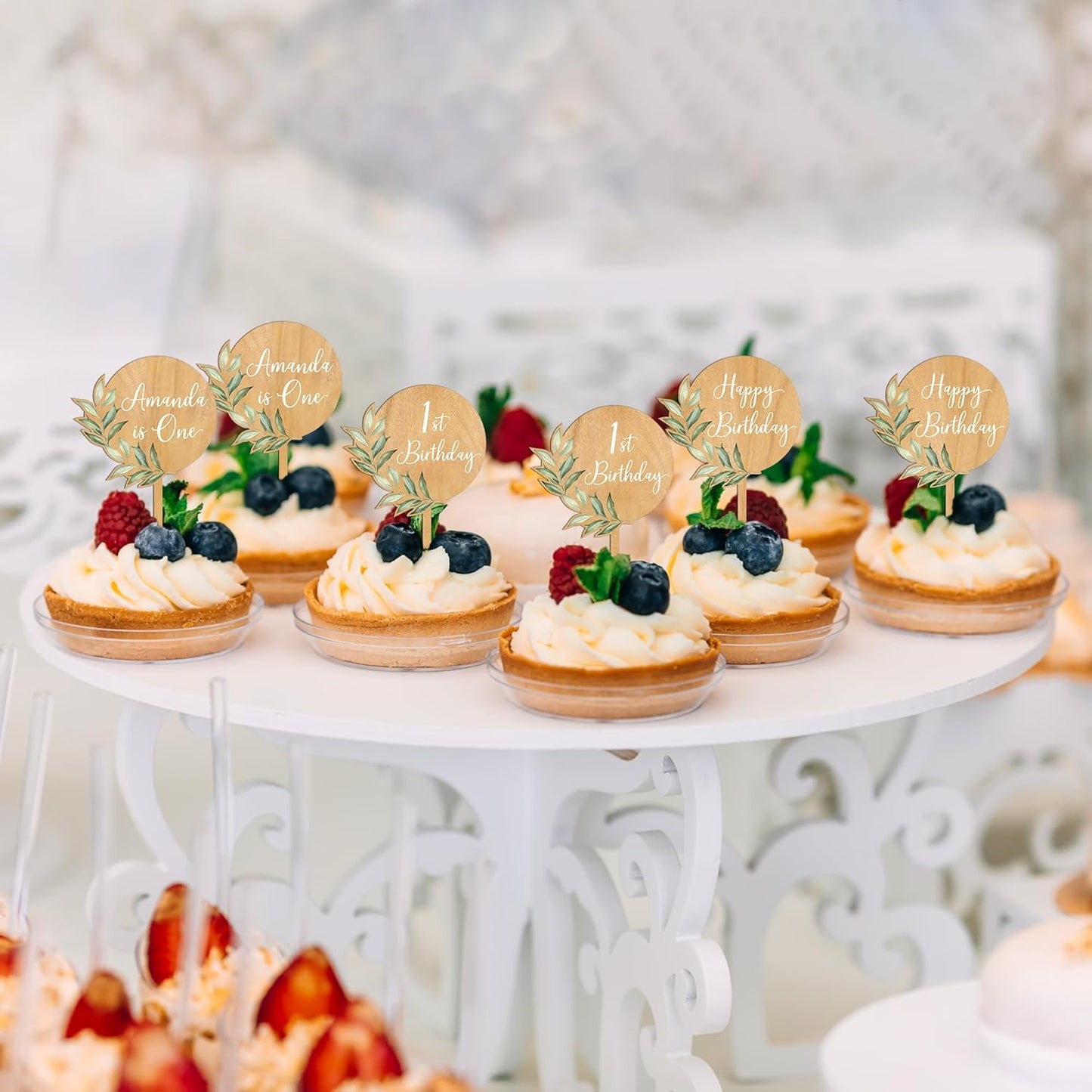 Custom Cupcake Toppers Cake Decorations in Wood for Wedding Engagement Baby Shower Birthday Party etc. (Design A / 12 PCS)