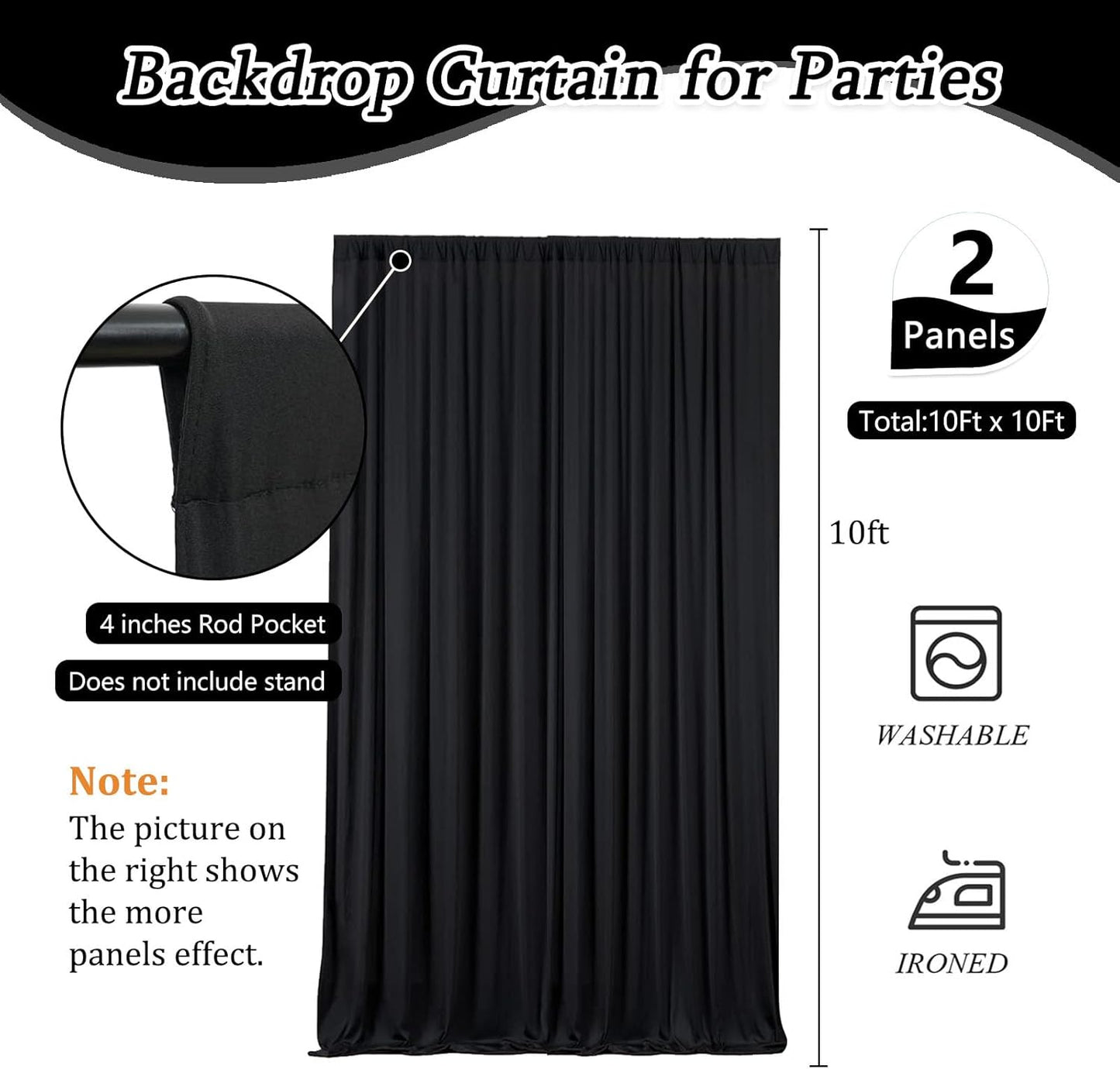 10 x 10 Feet Black Backdrop Curtain for Partie, Background Curtains for Photoshoot, Birthday, Wedding, Halloween, Thanksgiving, Christmas Day, New Year Party Decorations 5Ft x 10Ft, 2 Panels