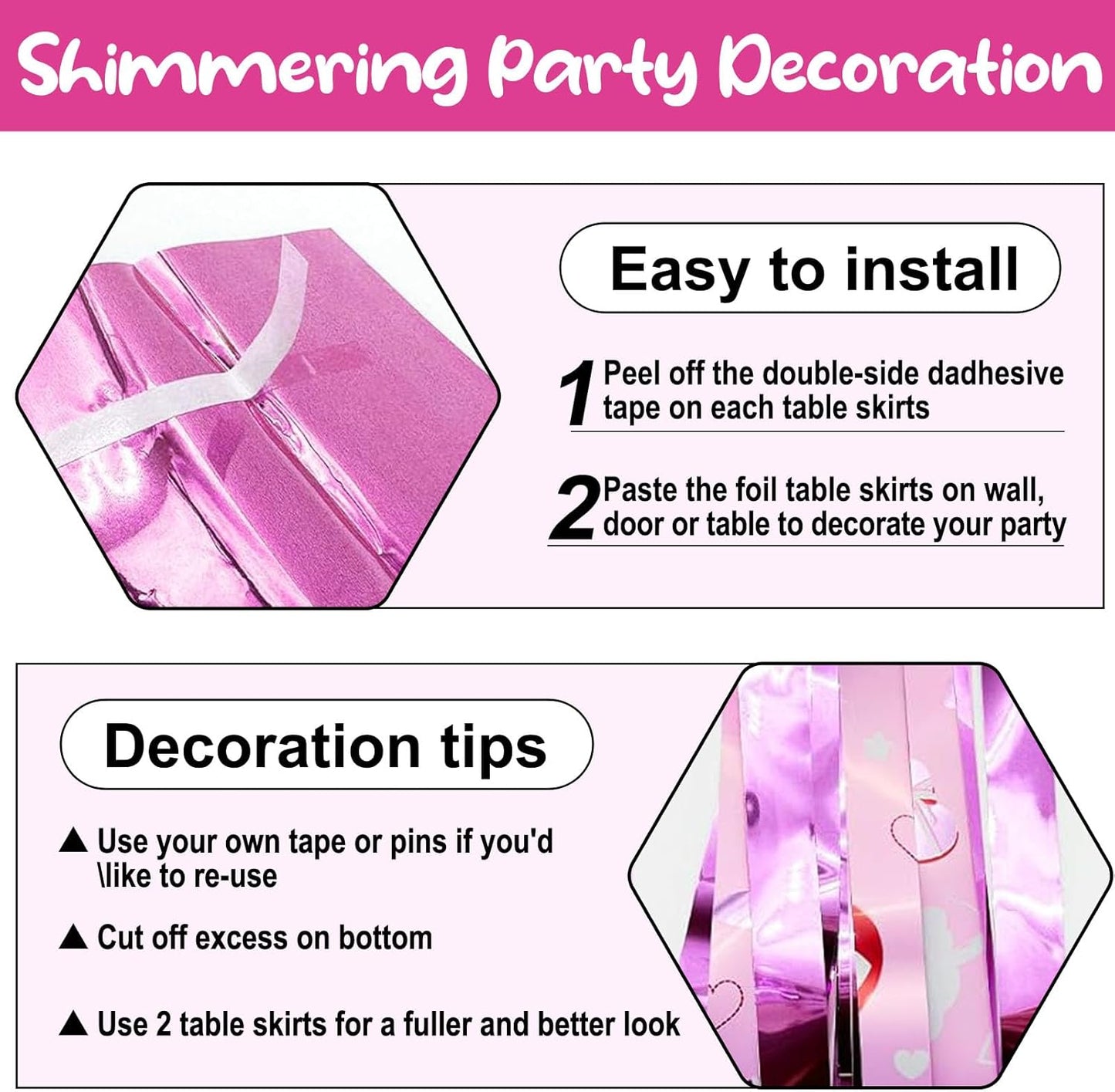 6 Pack 29 x108 Inch Love Pink Wave Foil Fringe Table Skirts Metallic Banner for Tinsel Streamer Garland Backdrop for Parade Floats, Mother's Day, Easter, Wedding, Birthday Party Decoration