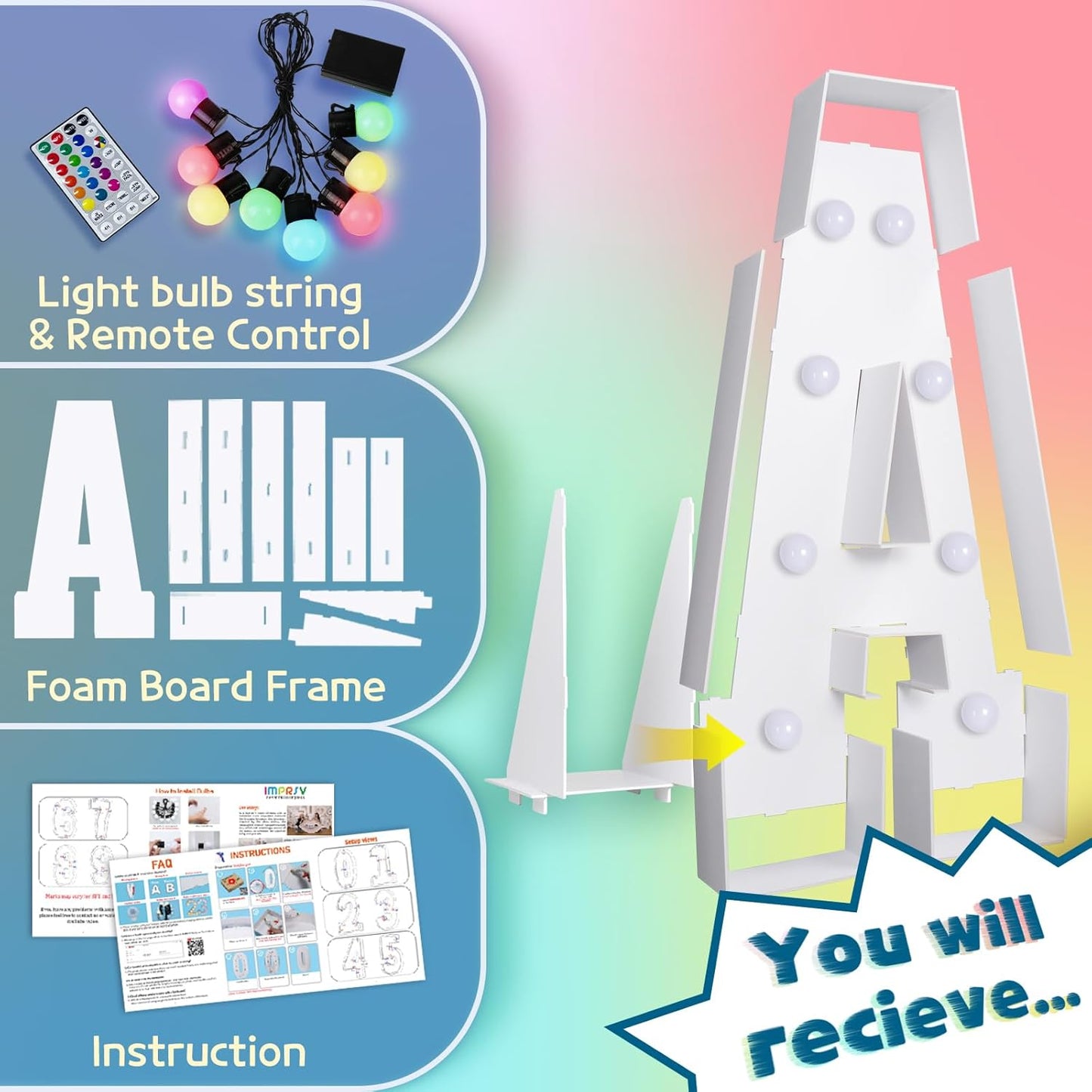 imprsv 3FT Colorful Marquee Light Up Letters A, 18 Colors Light Up Letters Alphabet Sign with Remote, Marry Me Sign, Large Letter for Birthday Engagement Anniversary Wedding Party Decor