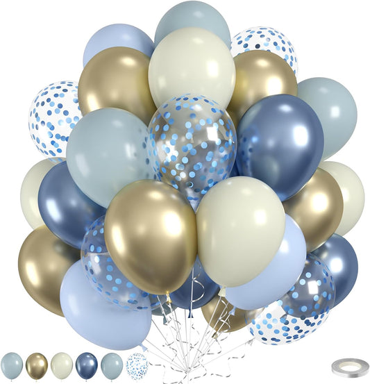 Dusty Blue Balloons, 60pcs Gold And Blue Balloons, Metallic Champagne Gold Balloon Confetti Balloon For Birthday Baby Shower Father's Day Retirement Graduation Anniversary Party Wedding Decorations
