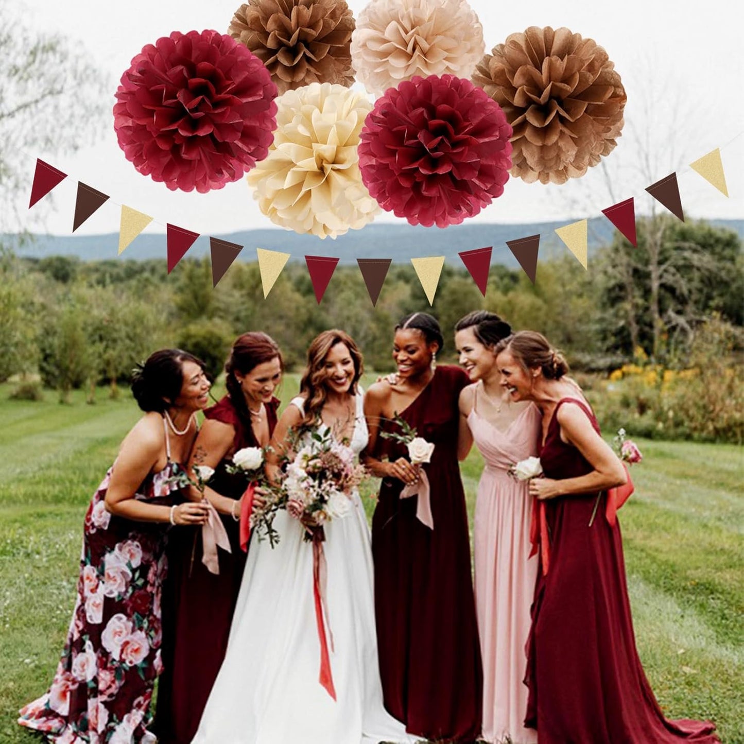 Boho Baby-Shower Burgundy-Brown Champagne Party-Decorations - 28pcs Neutral Birthday Rustic Wedding Bridal Tissue Pom Poms Streamers, Fall Autumn Tassel Garland Banner, Engagement Decor Ouruola