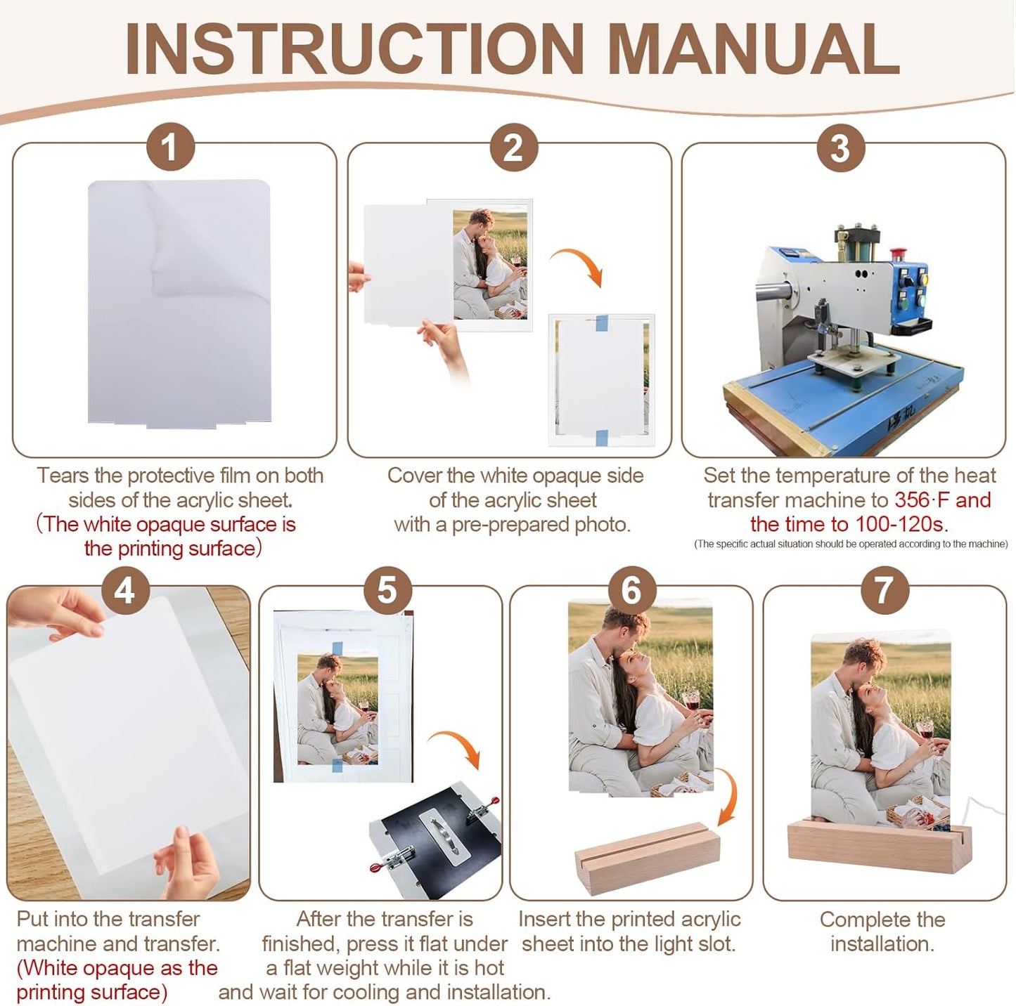 5" x 7"- 4 pcs Acrylic 2 pcs Frame Sublimation LED Acrylic Photo Frames Night Lights Blanks Heart Shape,with Warm Color Light with Wood Stand for Heat Press Machine Printing