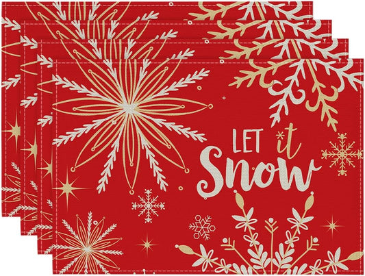Artoid Mode Red Snowflake Let It Snow Winter Placemats for Dining Table, 12 x 18 Inch Seasonal Christmas Washable Table Mats Set of 4