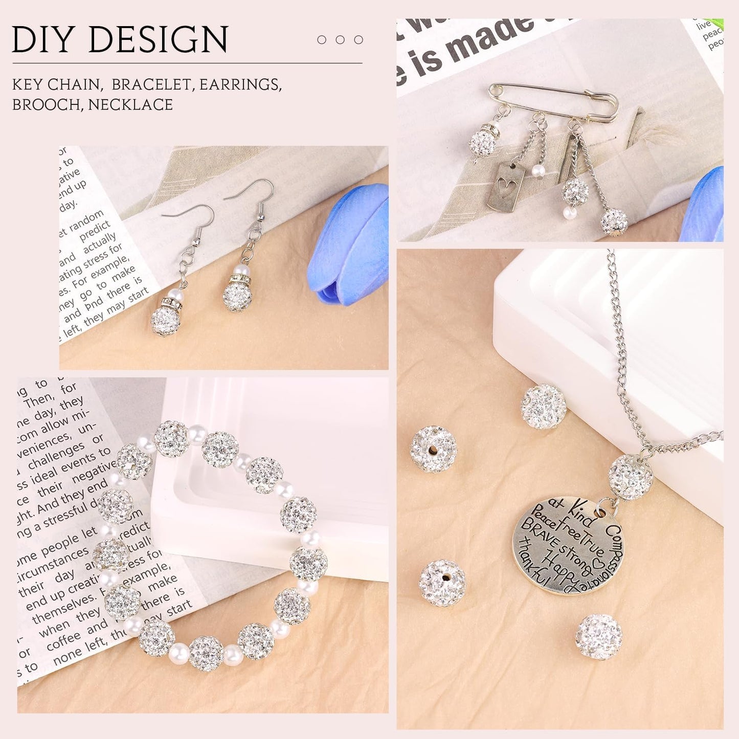 200pcs 10mm White Rhinestone Beads for Jewelry Making, Shiny Round Shamballa Disco Ball Beads Bulk, Sparkle Crystal Clay Christmas for Bracelet Baseball Necklace Earring Crafting and DIY