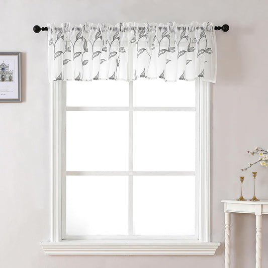 VISIONTEX Sheer Voile Curtain Valances, Decorative Leaves Embroidered, Rod Pocket Window Treatment for Kitchen/Rustic Bedroom/Living Room (54 x 16 Inch,1 Panel)