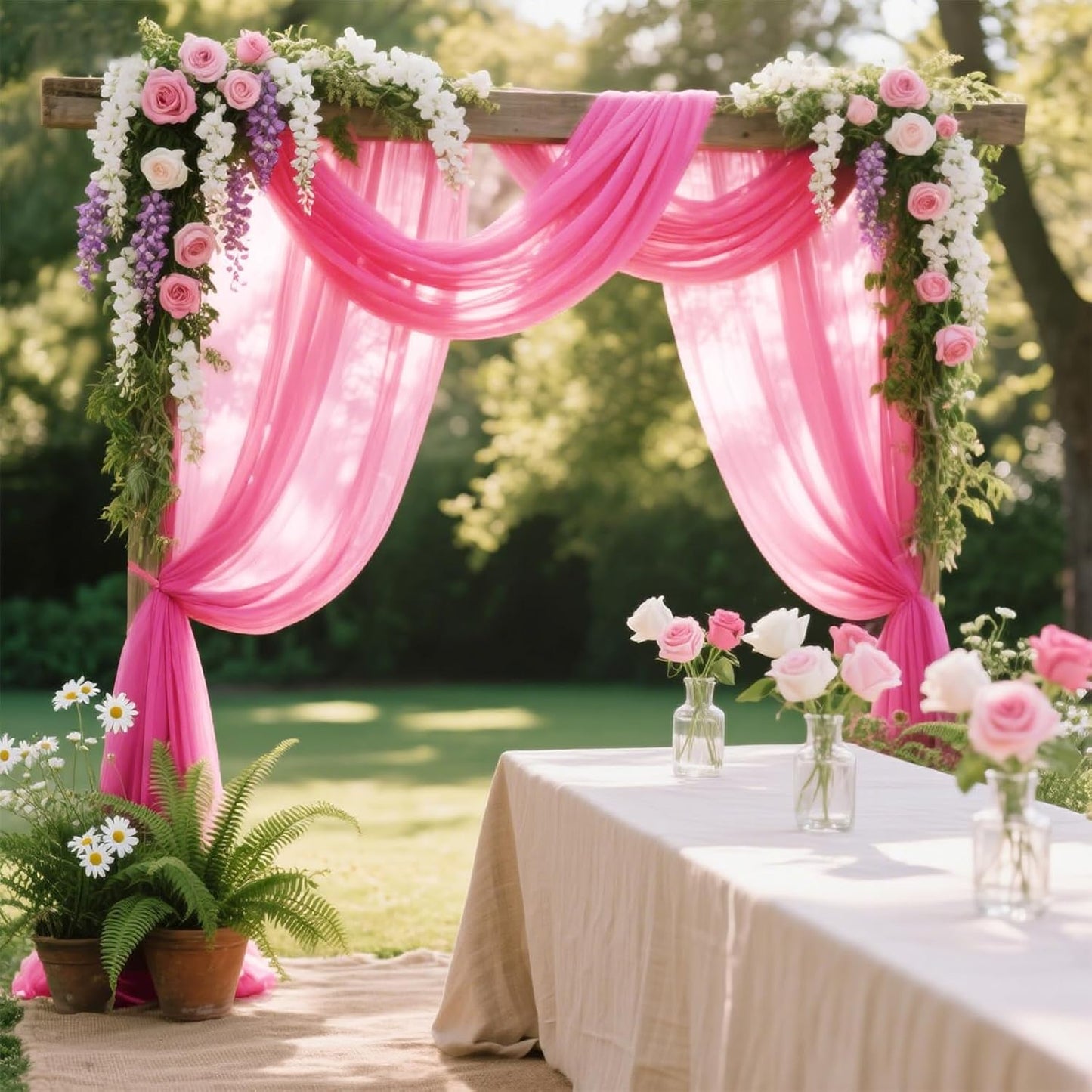 VOK Wedding Arch Draping Fabric Chiffon Fabric, 29in x 18Ft 1 Panels Sheer Chiffon Outdoor Curtain for Wedding Ceremony Birthday Party Decoration (Fuchsia,1 Panel)