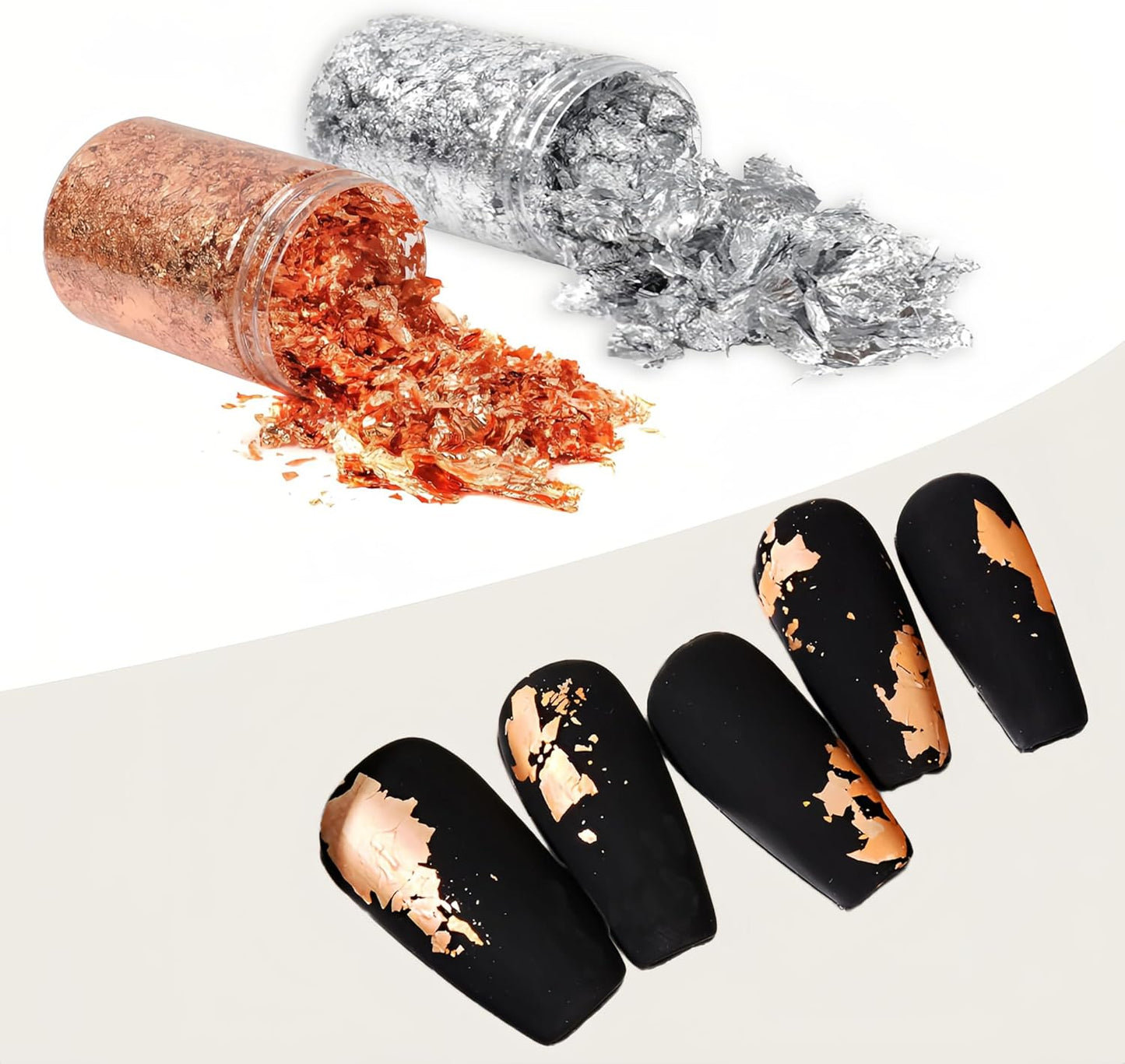 Gold Flakes for Resin, 2 Bottles 10g Imitation Golden Foil Gilding Flake Metallic Leaf for Cake Decoration Chocolate Making Nails Painting Art Crafts with Bamboo Tweezers (Silver, Copper Colors)