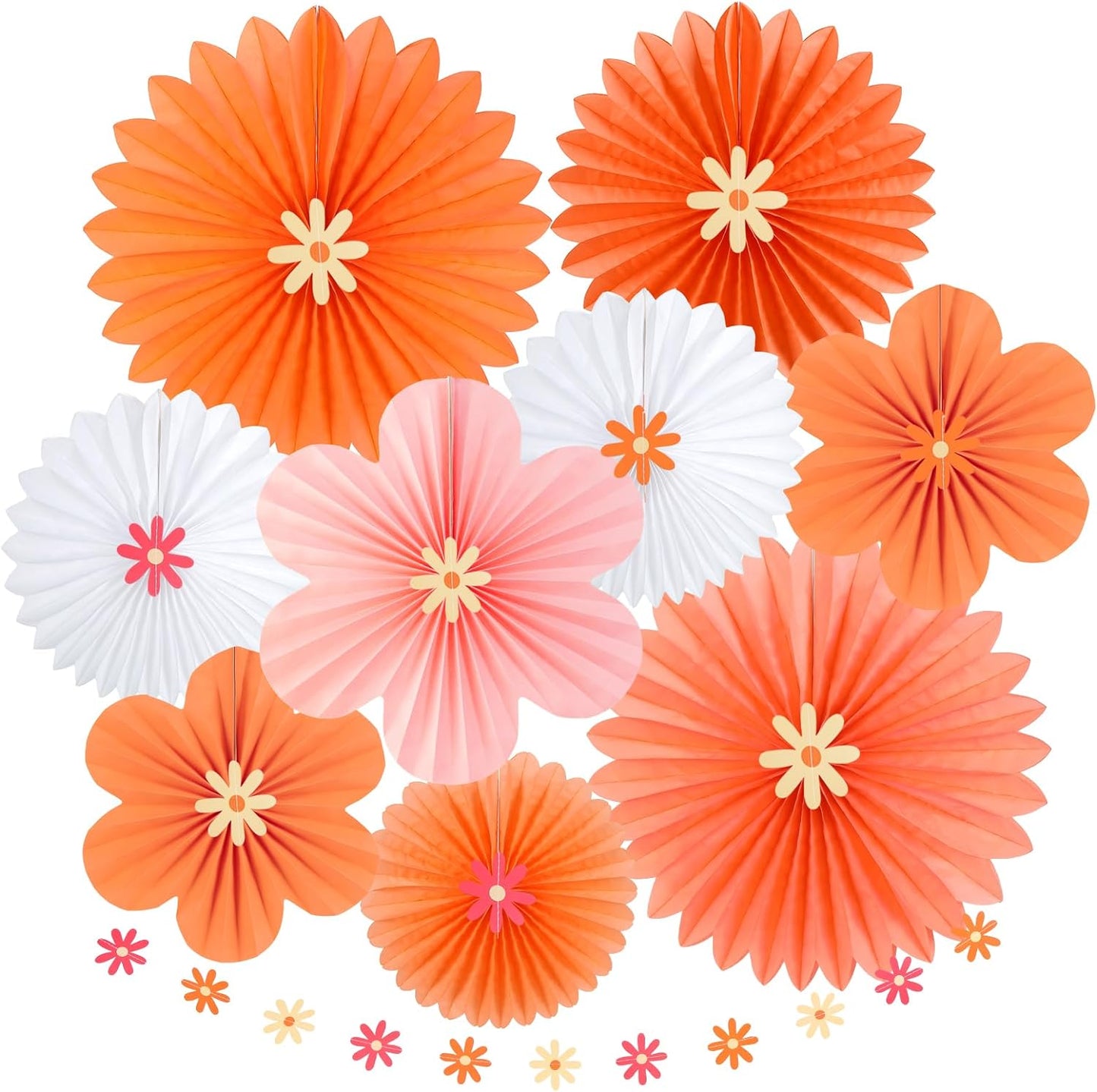 SUNBEAUTY Paper Fans Decorations Pink and Orange Party Decorations Flower Party Decorations Classroom Decoration Paper Floral Backdrop Decor Flower Wall Decor with Daisies,Set of 9
