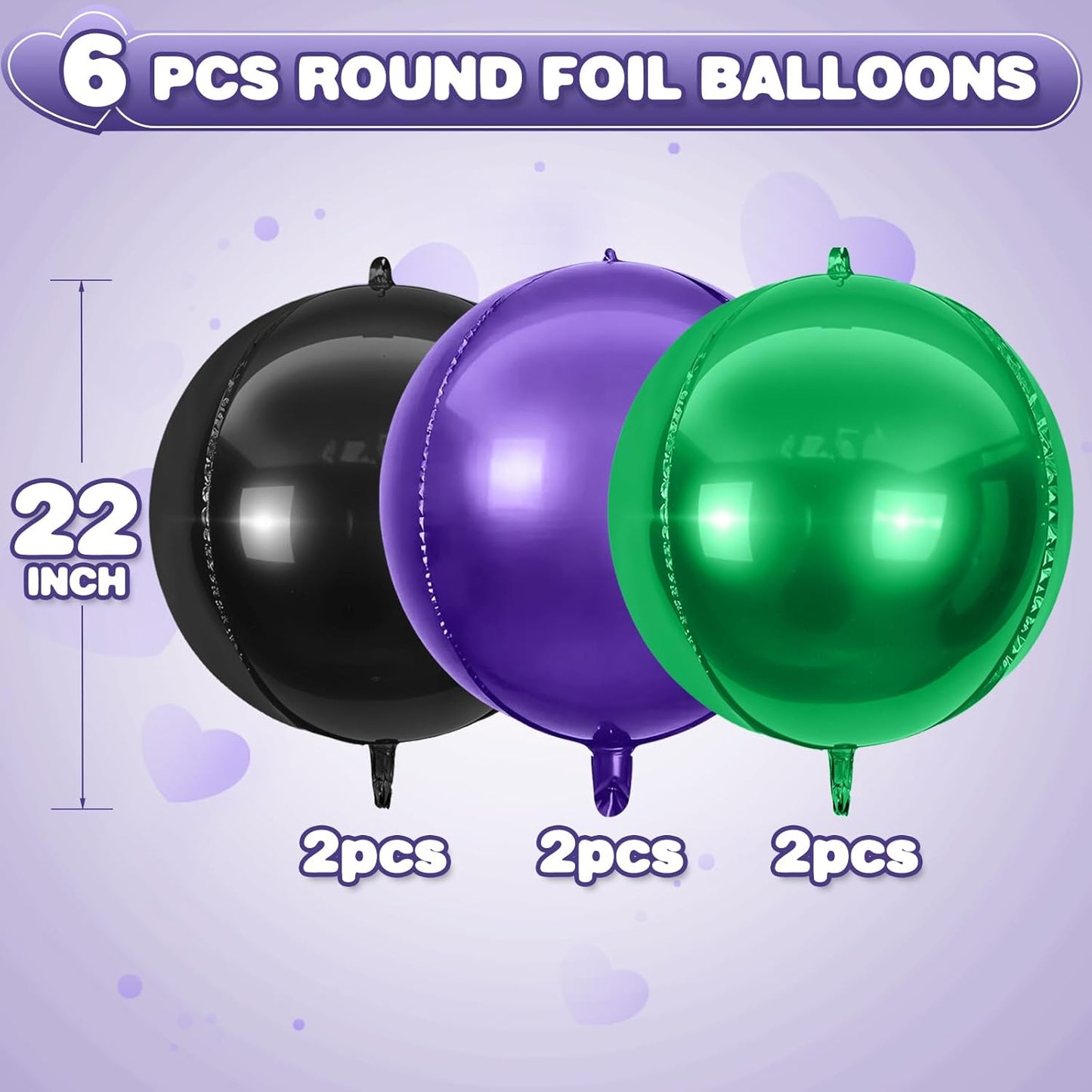 6Pcs Black Green Purple Round Foil Balloons,Giant 4D Round Ball Balloon,22 Inch Balloons for Halloween Kids Birthday Baby Shower Party Decorations